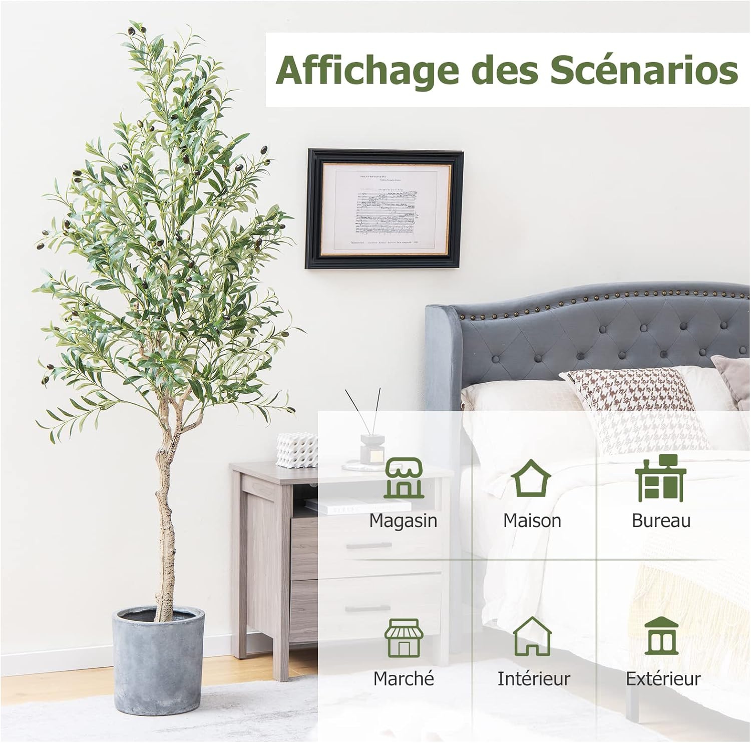 Lot de 1 Plante Artificielle en Pot Hauteur 185CM, Olivier Artificiel 1296 Feuilles en Soie 72 Fruits avec Base de Ciment Décoration - 8