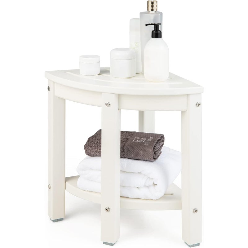 Stołek Narożny z Półką, Ławka Prysznicowa w Kształcie Wachlarza, Stołek Prysznicowy do Łazienki, Balkonu, Nośność 150 kg (Biały)