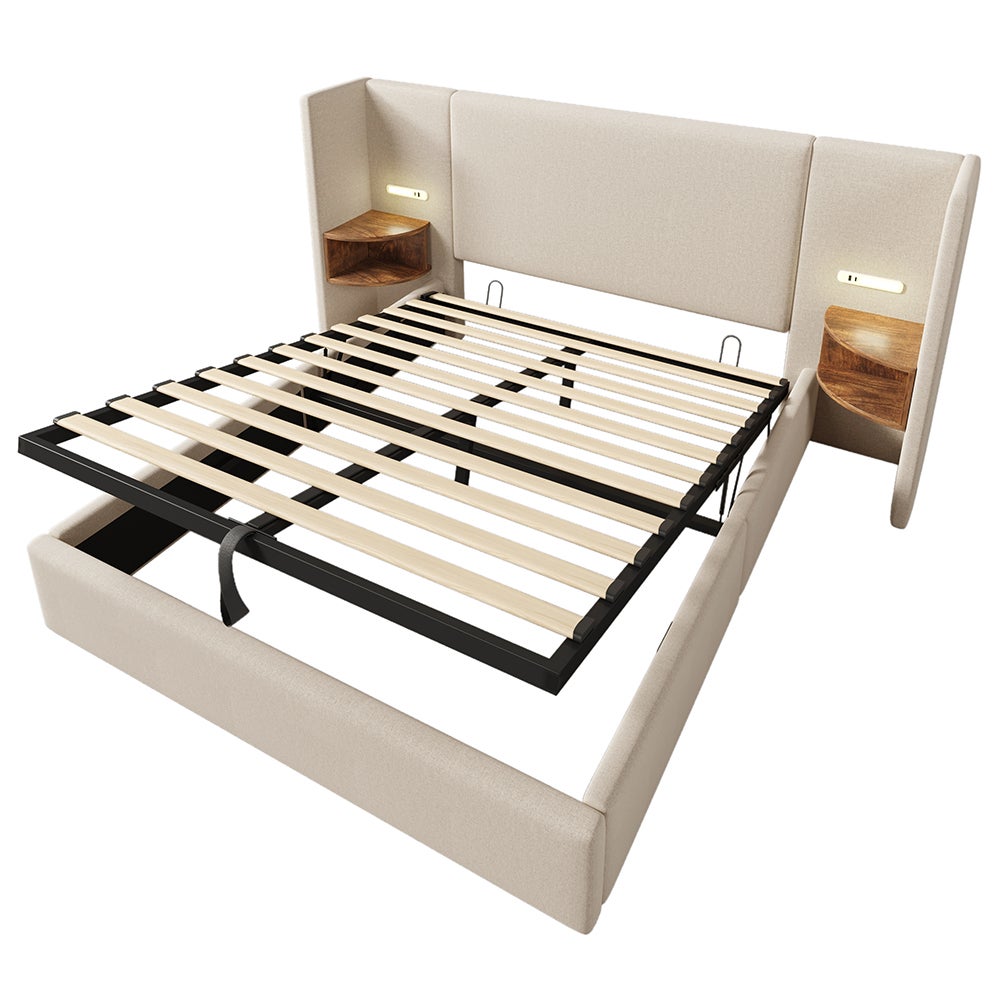 Lit double capitonné 160 x 200 avec table de chevet, liseuse et chargeur USB Type-C, beige, lin. - 5