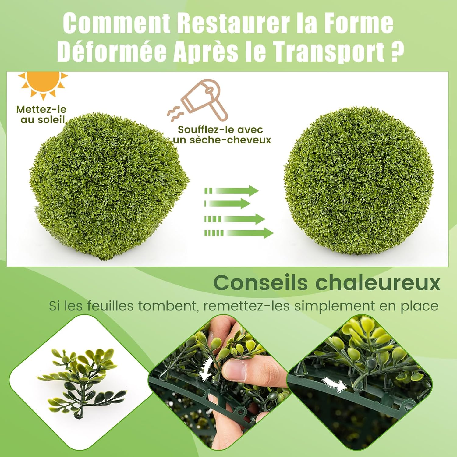 2 Boules de Buis Artificielles 50 cm Résistantes aux UV, Plantes en Boules de Faux Sphères Végétales, Vert - 6