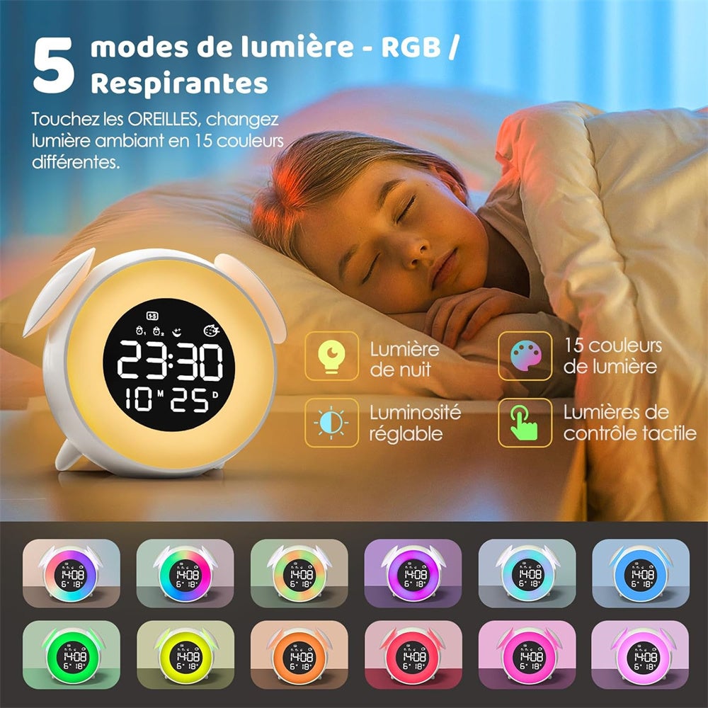 Réveil LED multicolore, mode minuterie coucher de soleil, lampe de chevet, réveil tactile sept couleurs - 3