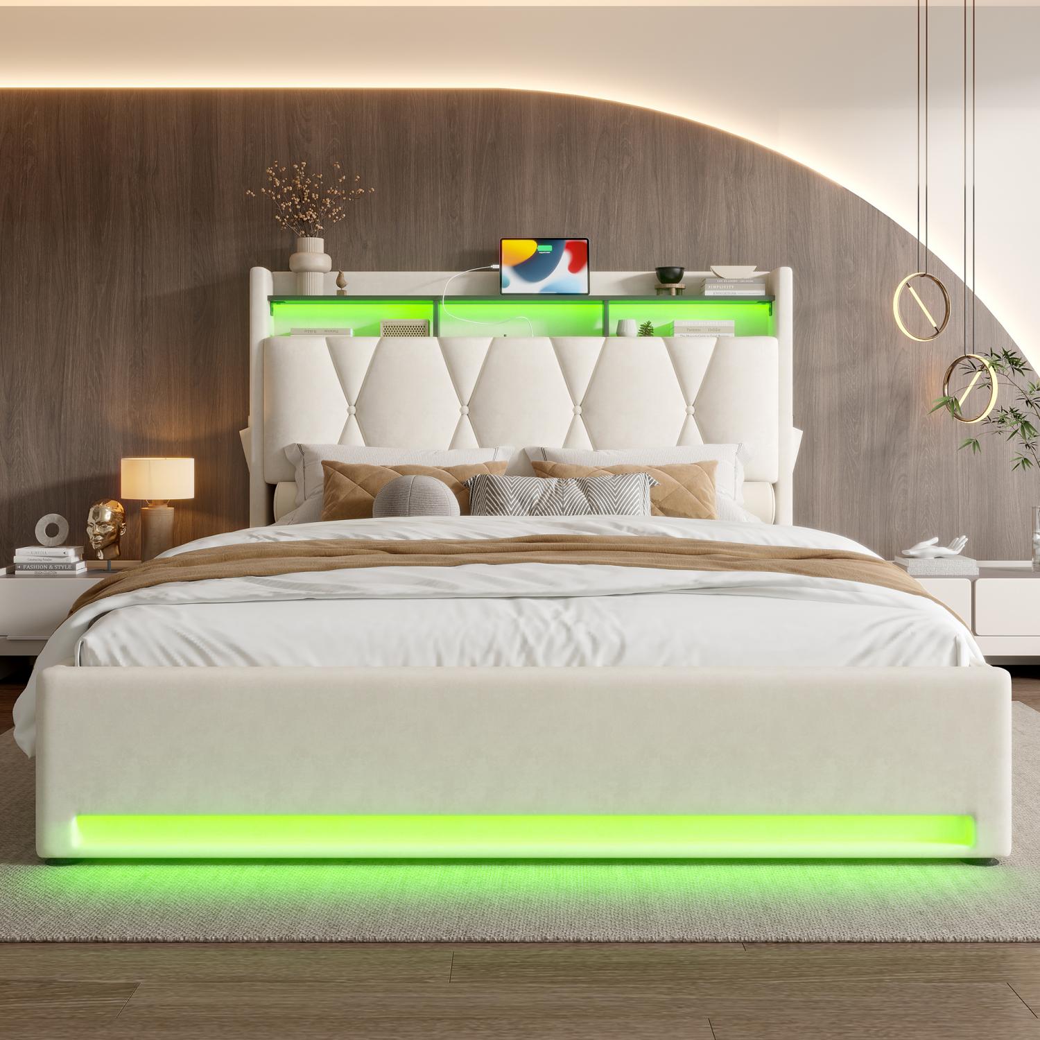 Lit 160x200 cm avec LED intégrée, USB Type-C, rangement sous-lit et ...