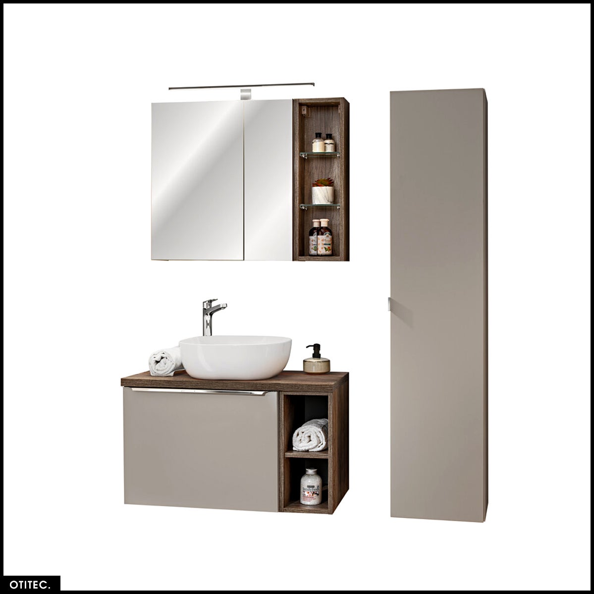 Set de muebles de baño - 80 cm - con lavabo sobre encimera y tablero - columna - mueble espejo led - bold taupe