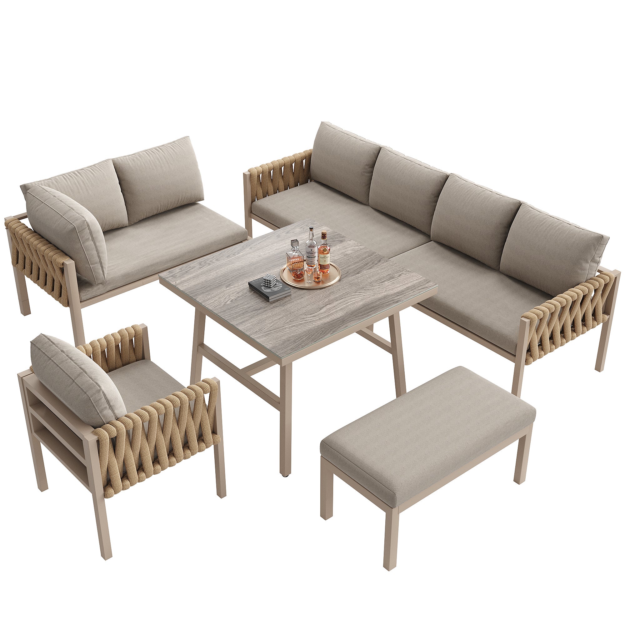 Ensemble de salle à manger de jardin - en corde - avec structure en fer galvanisé, pieds réglables, canapé d'angle, 1 fauteuil, 1 tabouret, Beige - 3