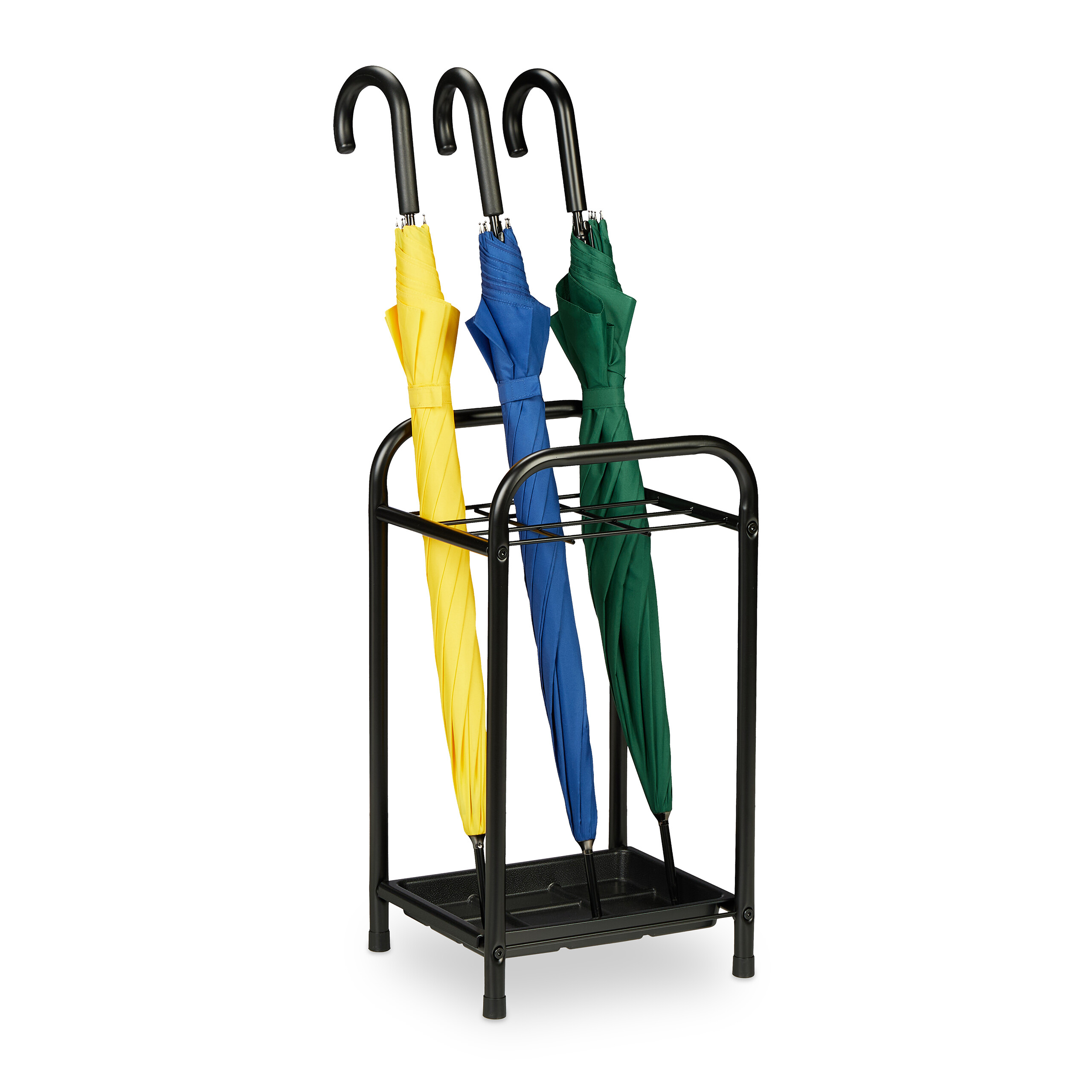 Relaxdays paragüero con bandeja recogegotas, hecho de metal, medidas: 53,5 x 29,5 x 27 cm, porta paraguas, negro