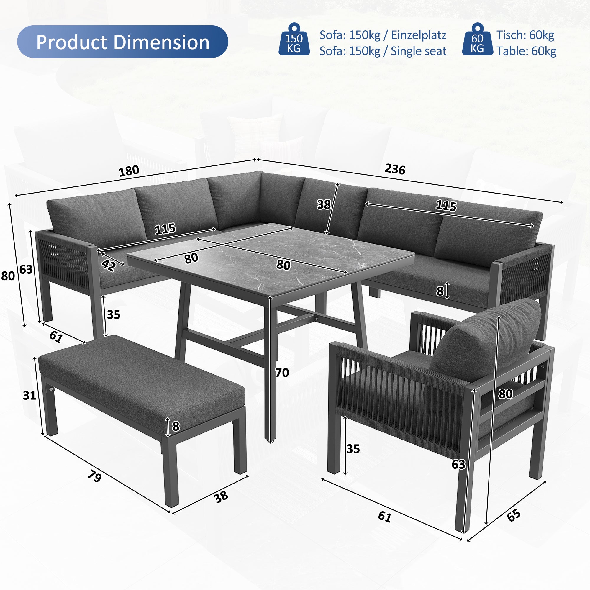 Conjunto Jardín Exterior de Trenzado a mano 9 Plazas Set Jardín en Forma de L con Sofá de Esquina+1 Mesa de Cristal Marmolado+1 Sillón+ 1 Banco - Gris - 5