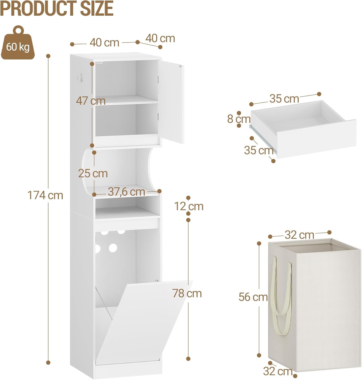 Mueble Columna de Baño, Mueble Ropa Sucia 1 Cesto para Ropa, Columna de Baño Mueble de Baños, Apto para baños, lavadero, Sala de Estar, Blanco - 8