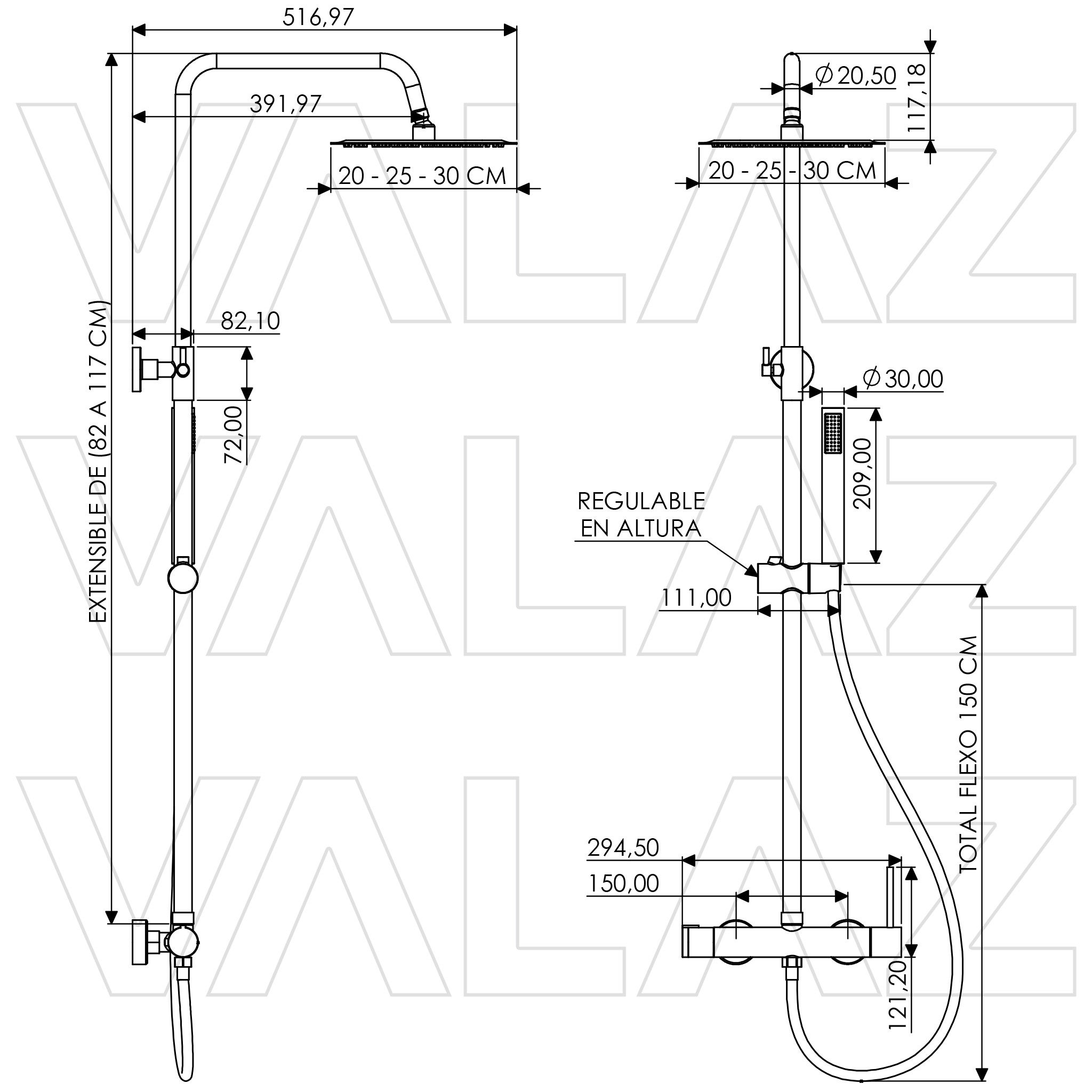 Valaz Barre de douche ronde réglable jusqu'à 120 cm, or mat avec protection PVD - Série Palancia - 30 cm - 2