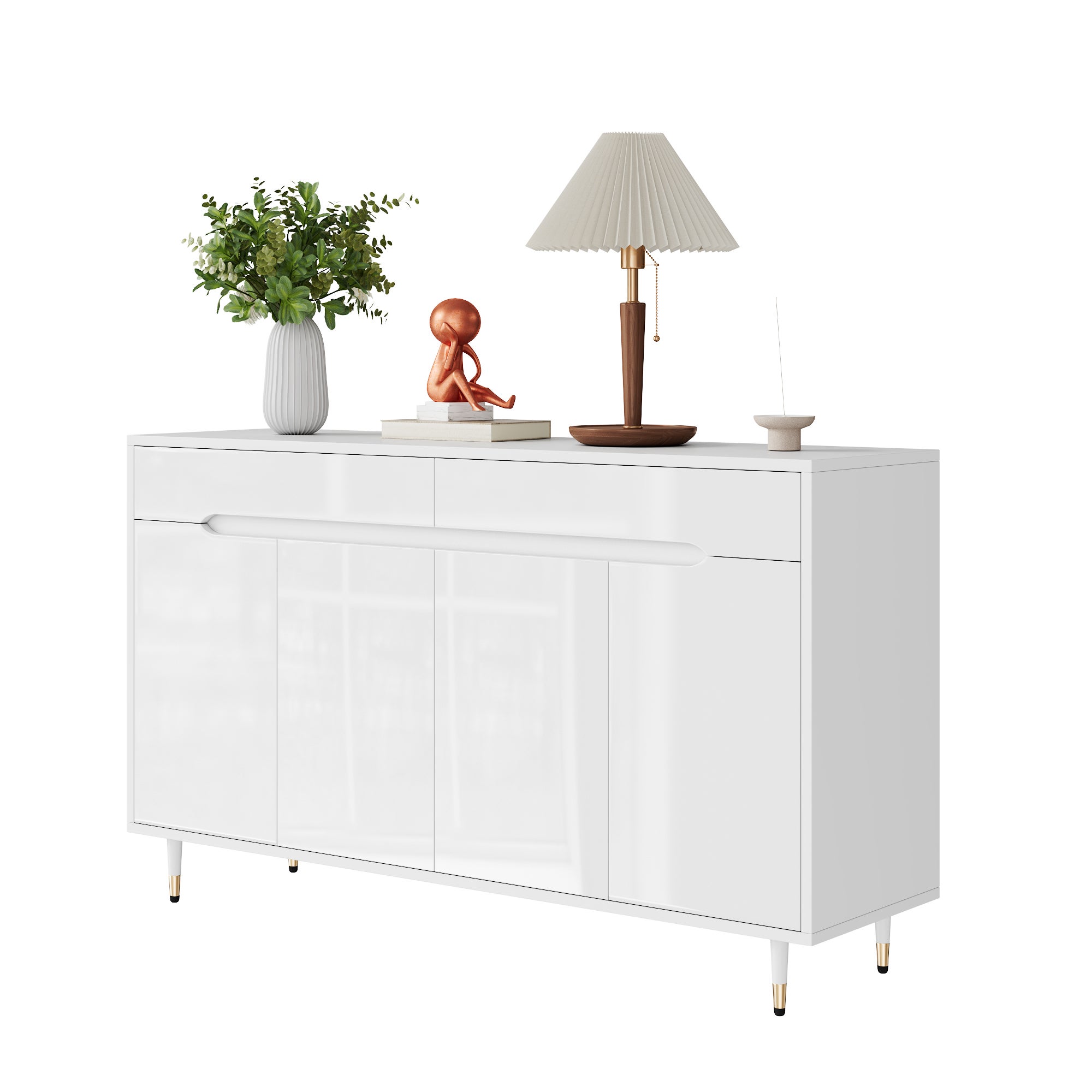 Szafka na buty z 4 drzwiami i 2 szufladami - 140 x 39 x 84 cm - Płyta wiórowa i nogi metalowe w kolorze złotym - Biała