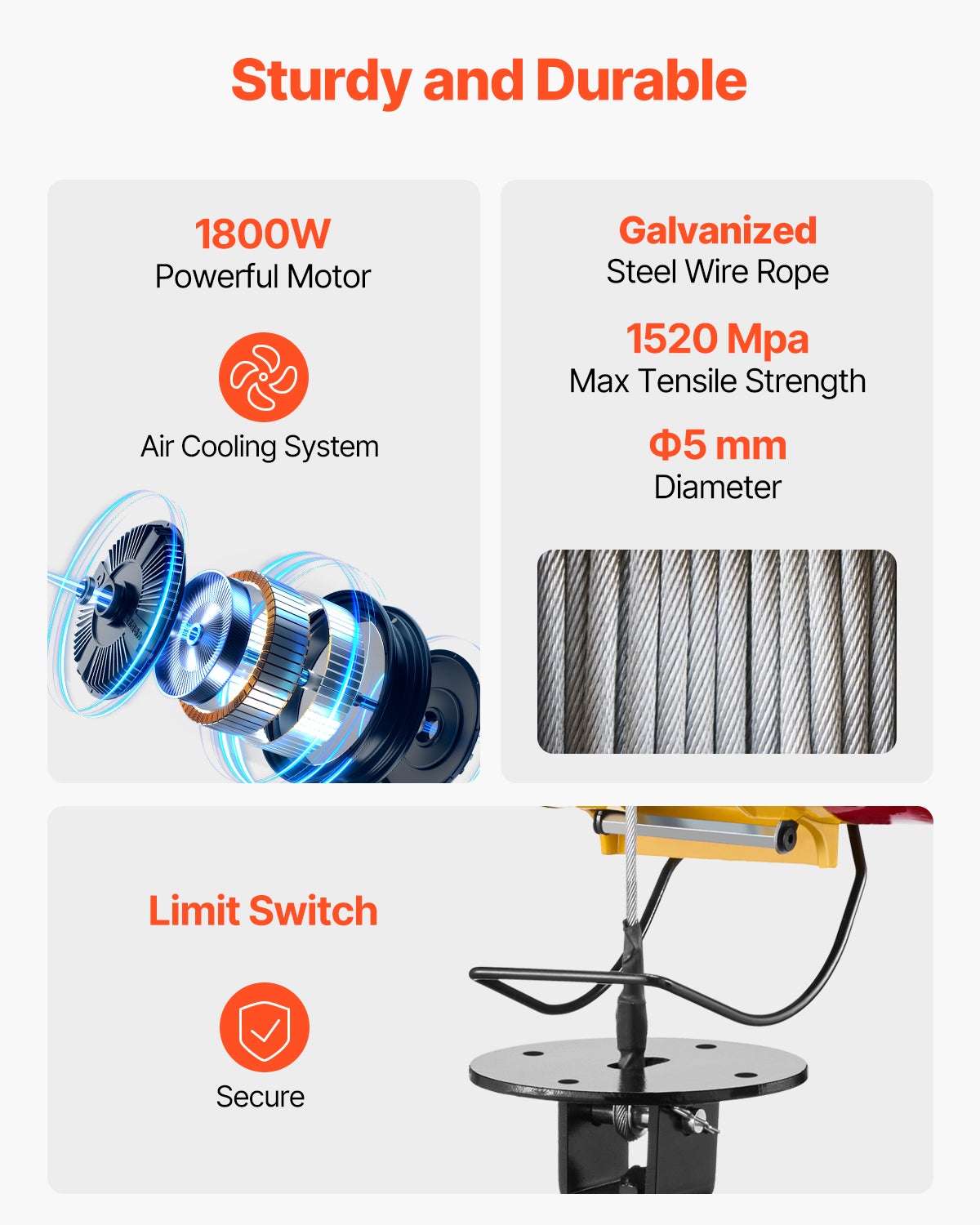 Palan électrique VEVOR 2 en 1,500 kg,treuil portable 1500 W,hauteur 30 m,vitesse 11 m/min,télécommande,garage,entrepôt,usine - 6