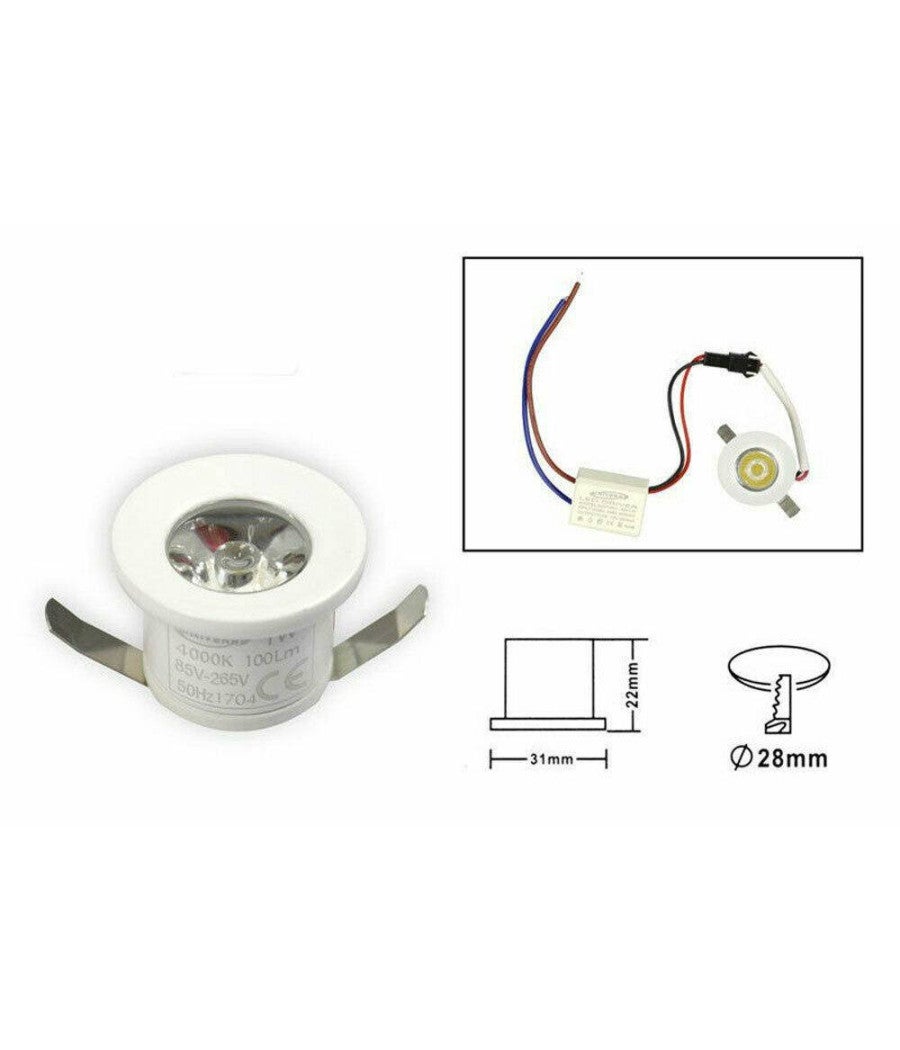 Trade Shop - Faretto Led Incasso 1 W Bordo Bianco Mini Punto Luce 6500k 3000k 4000k Blu - Bianco Caldo - - 5