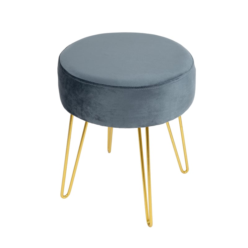 Okrągły puf dekoracyjny z szarego aksamitu i złotego metalu 34x40x34cm