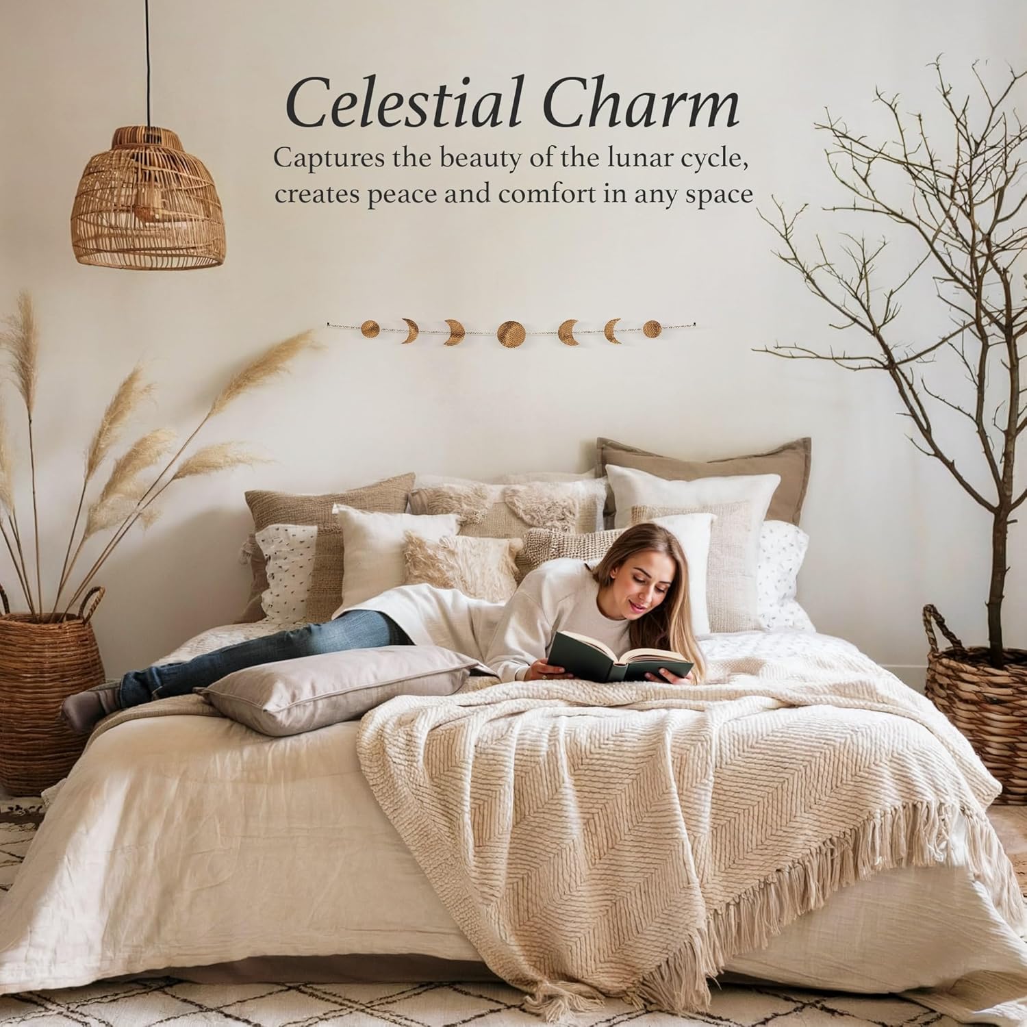 Décoration murale phase de lune, art mural doré pour chambre, bohème et astrologie,bannière murale en métal 34