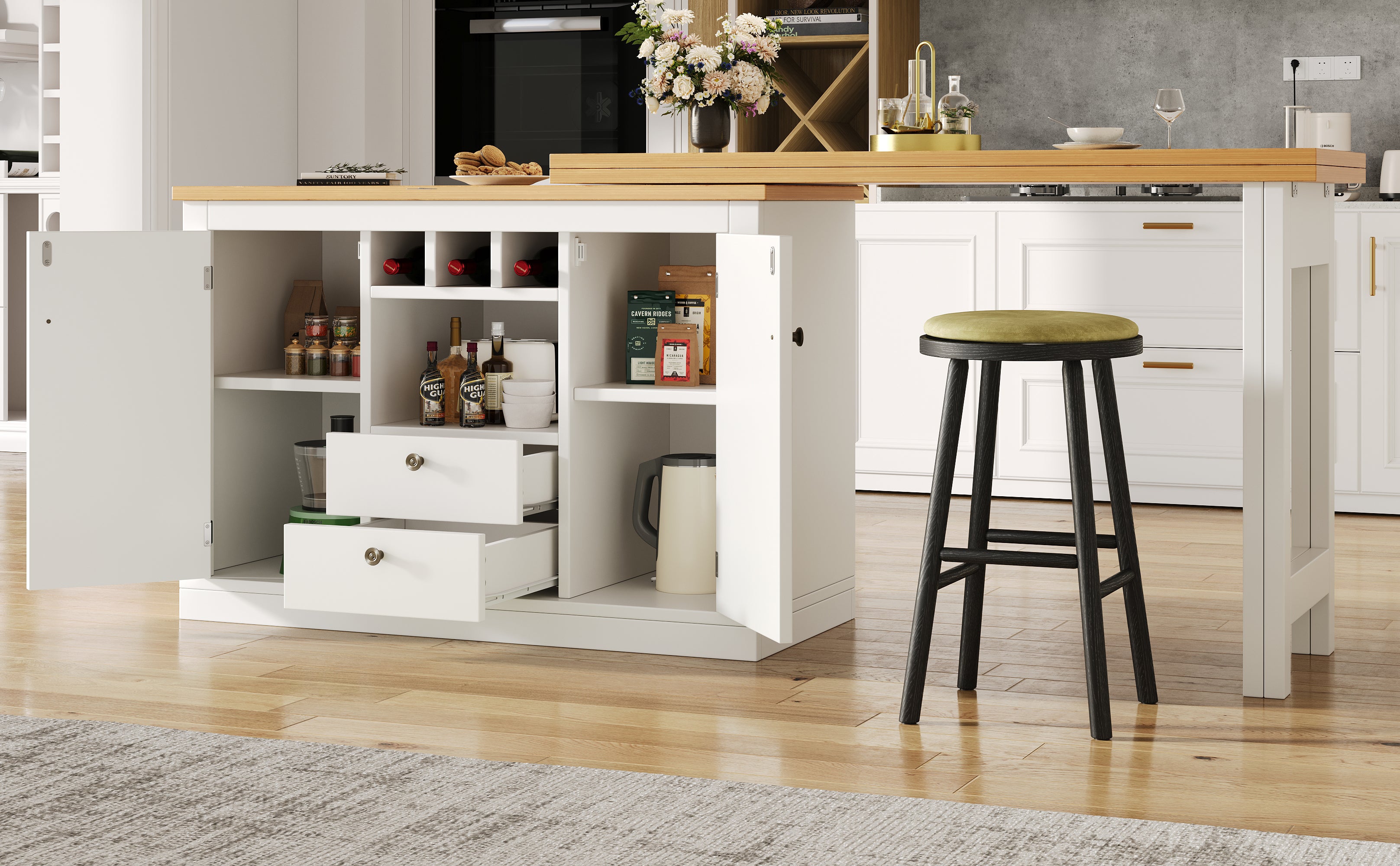 Rozkładany obrotowy stół jadalny z 2 drzwiami i 2 szufladami, wyspa kuchenna - 120-180 x 40 x 71,5 cm - MDF - Biały + naturalny - 7