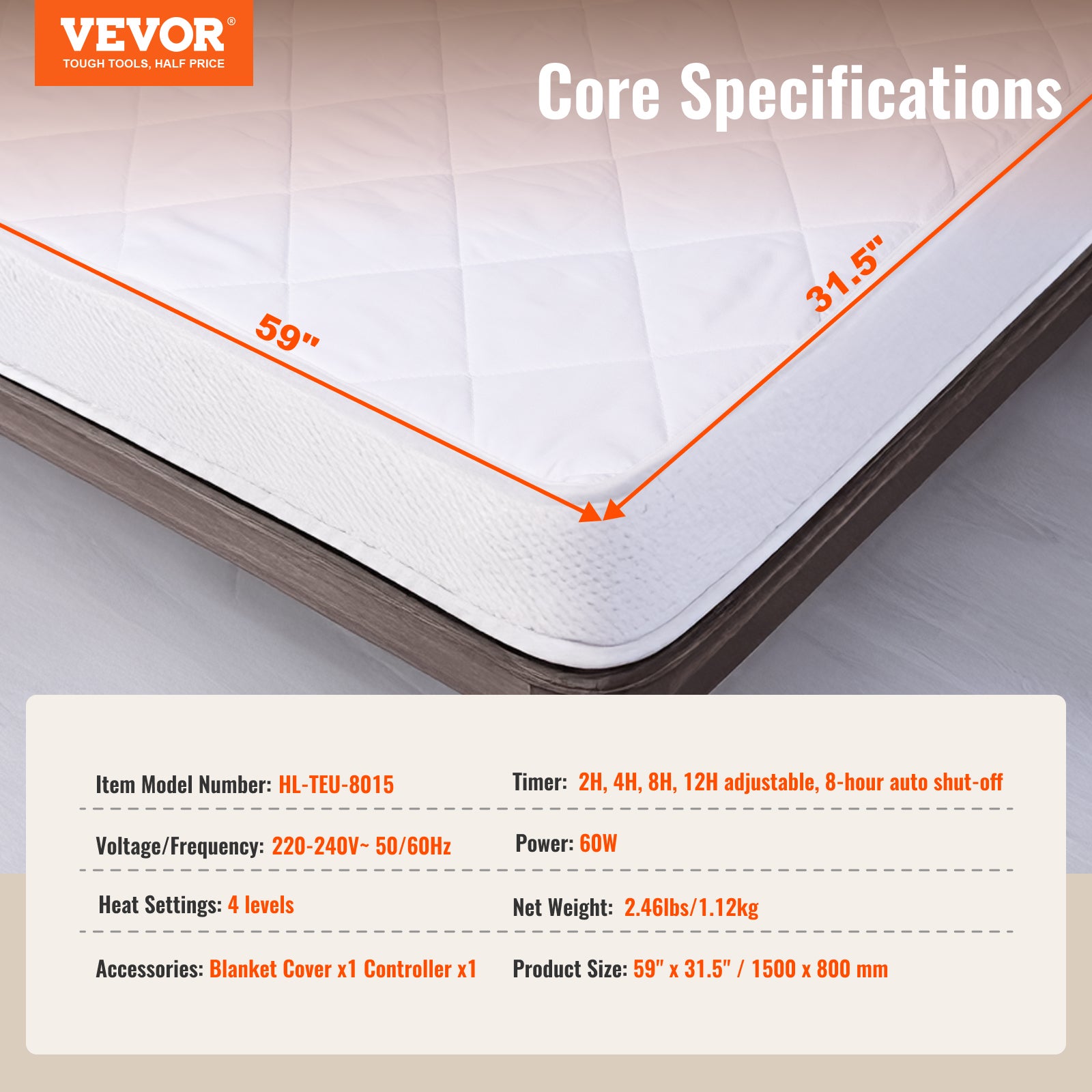 Surmatelas Chauffant 150x80 cm,VEVOR Chauffe-lit Électrique en Tissu Brossé avec 4 Niveaux de Chauffage,Minuterie 12H,Sangles Profondes Élastiques - 7