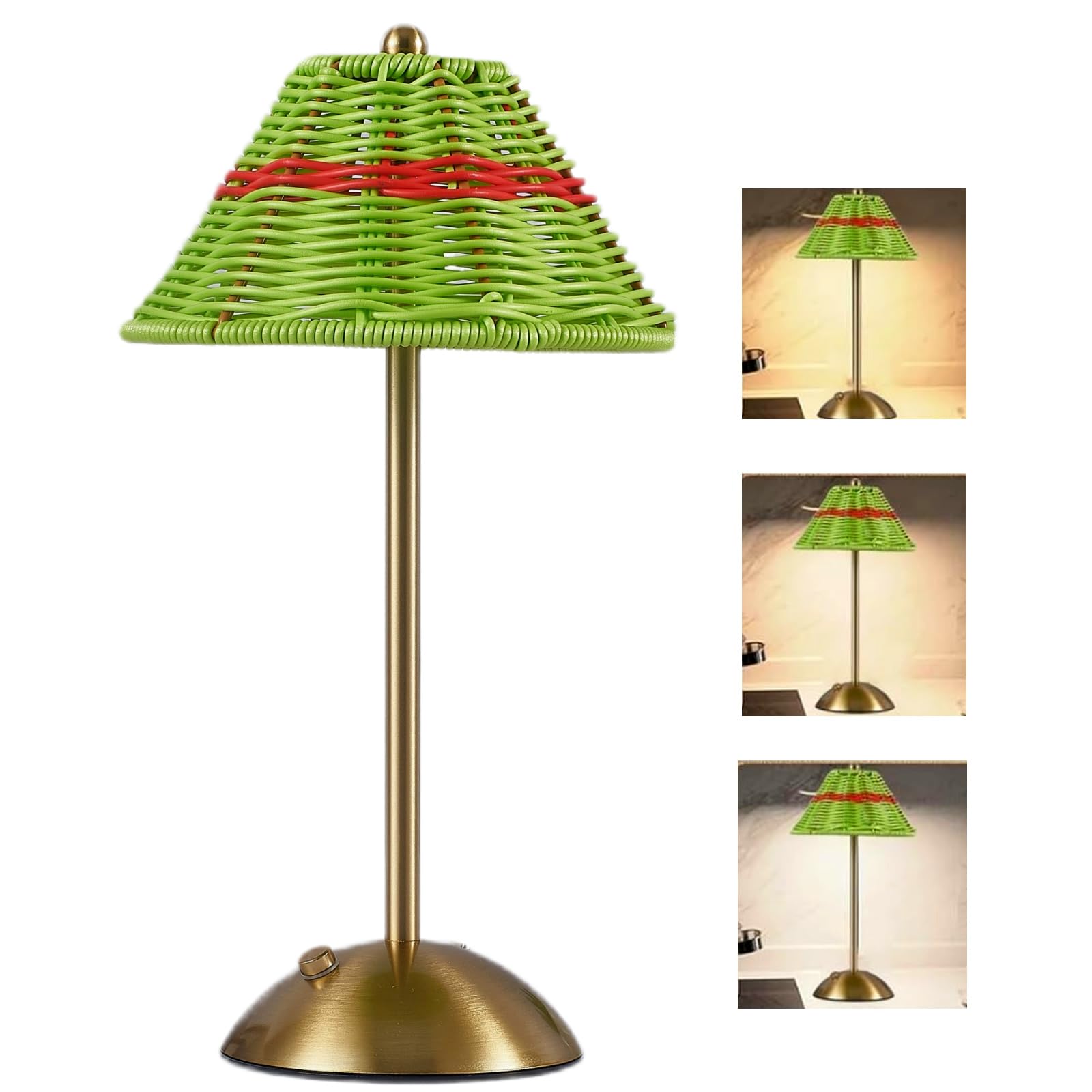 Boho lampa stołowa z rattanu, ładowalna, ściemnialna, 3 kolory, sterowanie dotykowe, zielona