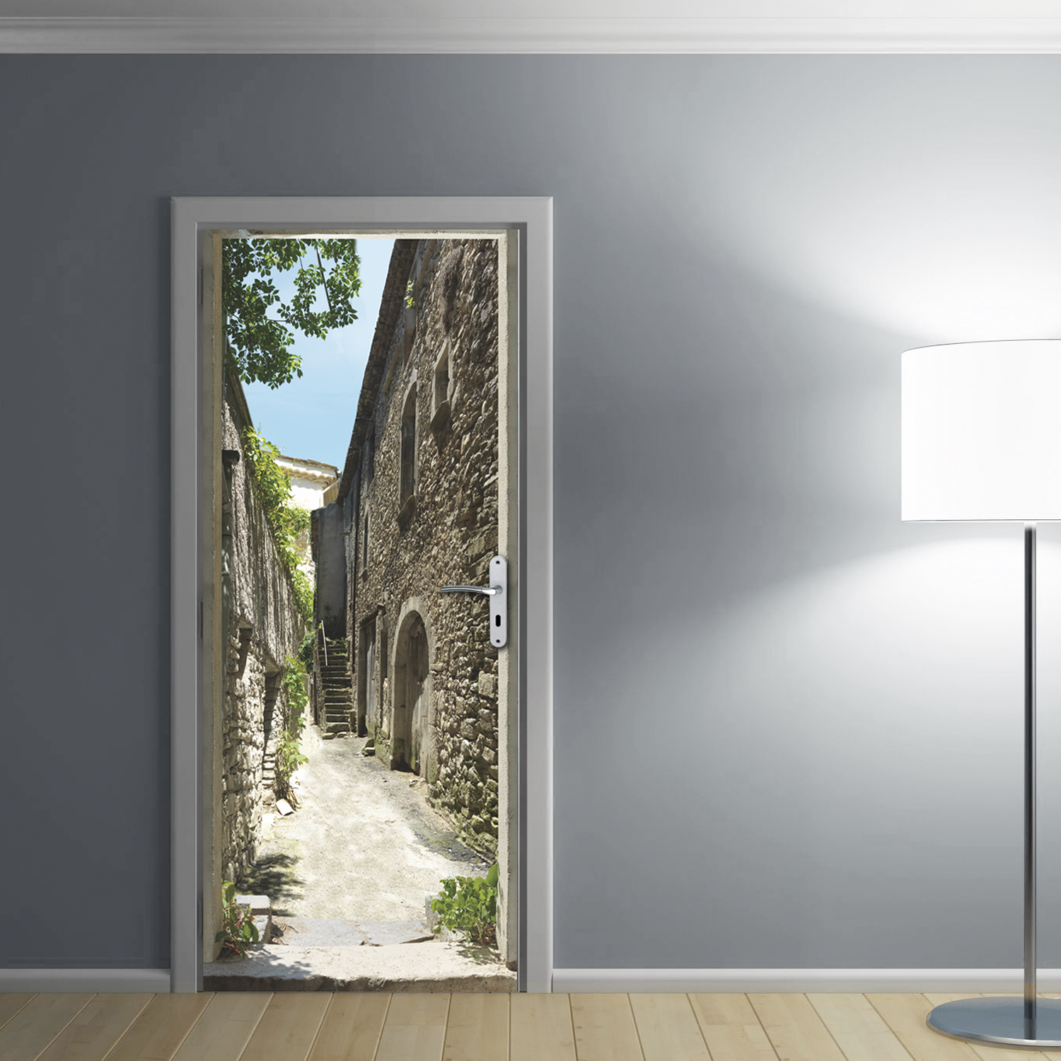 Pegatina decorativa de la puerta, impresionante vista de un callejón de pueblo rural, 83 cm x 204 cm