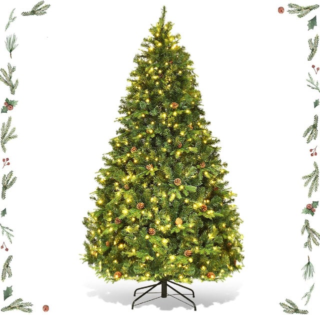 Sapin de Noël artificiel de 210 cm avec lumières, 61 pommes de pin, 460 LED blanc chaud, feuilles en PVC et PE ignifuges, 925 branches，vert