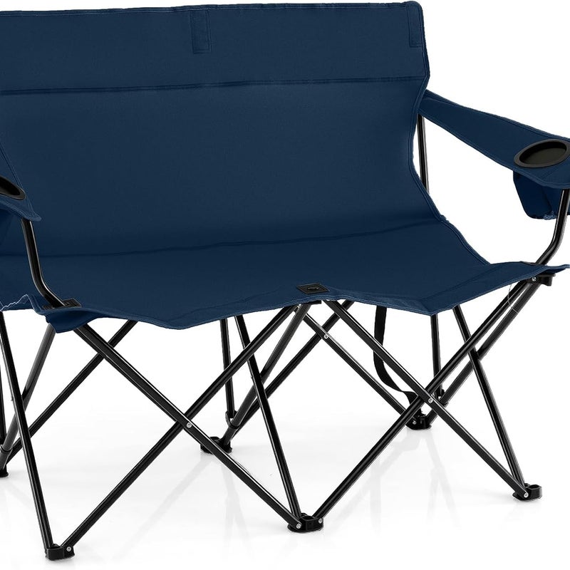 Krzesło Kempingowe 2-Osobowe, z Wygodnym Oparciem, Podłokietnikami z Bocznymi Kieszeniami, Idealne na Imprezy Plenerowe, Podróże, Plażę (Niebieskie)