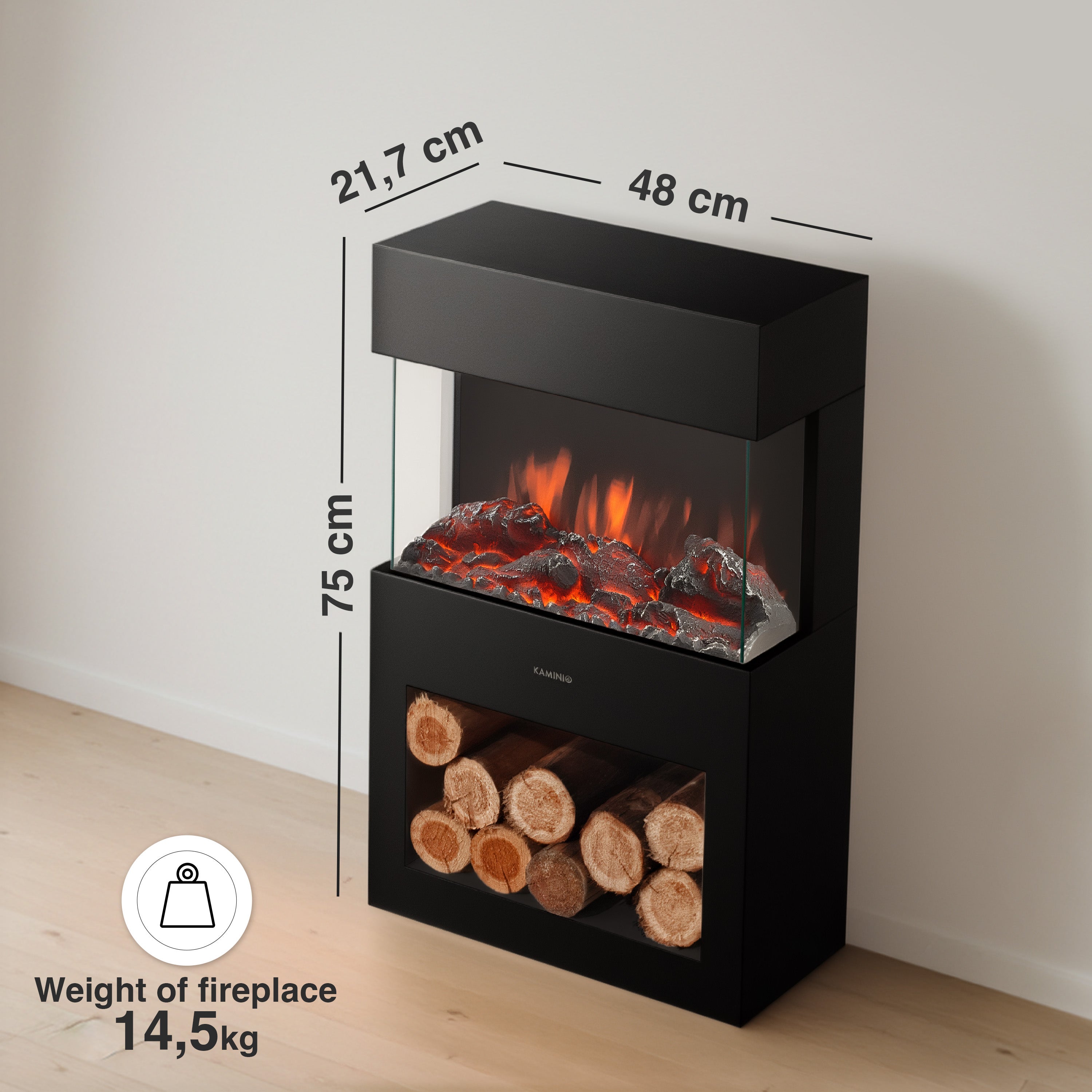 KAMINIO Cheminée électrique HENRI - Poêle électrique avec Chauffage, Effet de Flamme 3D, lumière d'ambiance LED, Casier à Bois, télécommande - Noir - 6