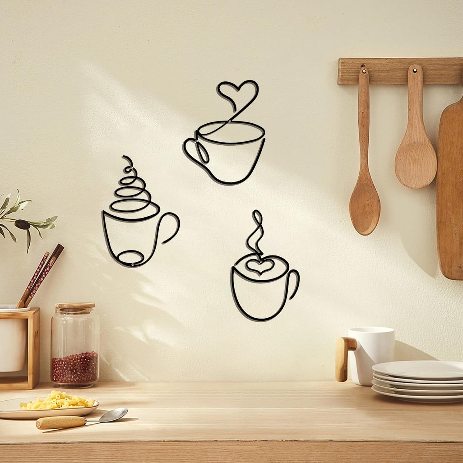 3 Pièces Décoration Murale Métal, Noir Tasse à Café Tableau Decoration Murale, Minimalist Ligne Art Mural Déco - 4