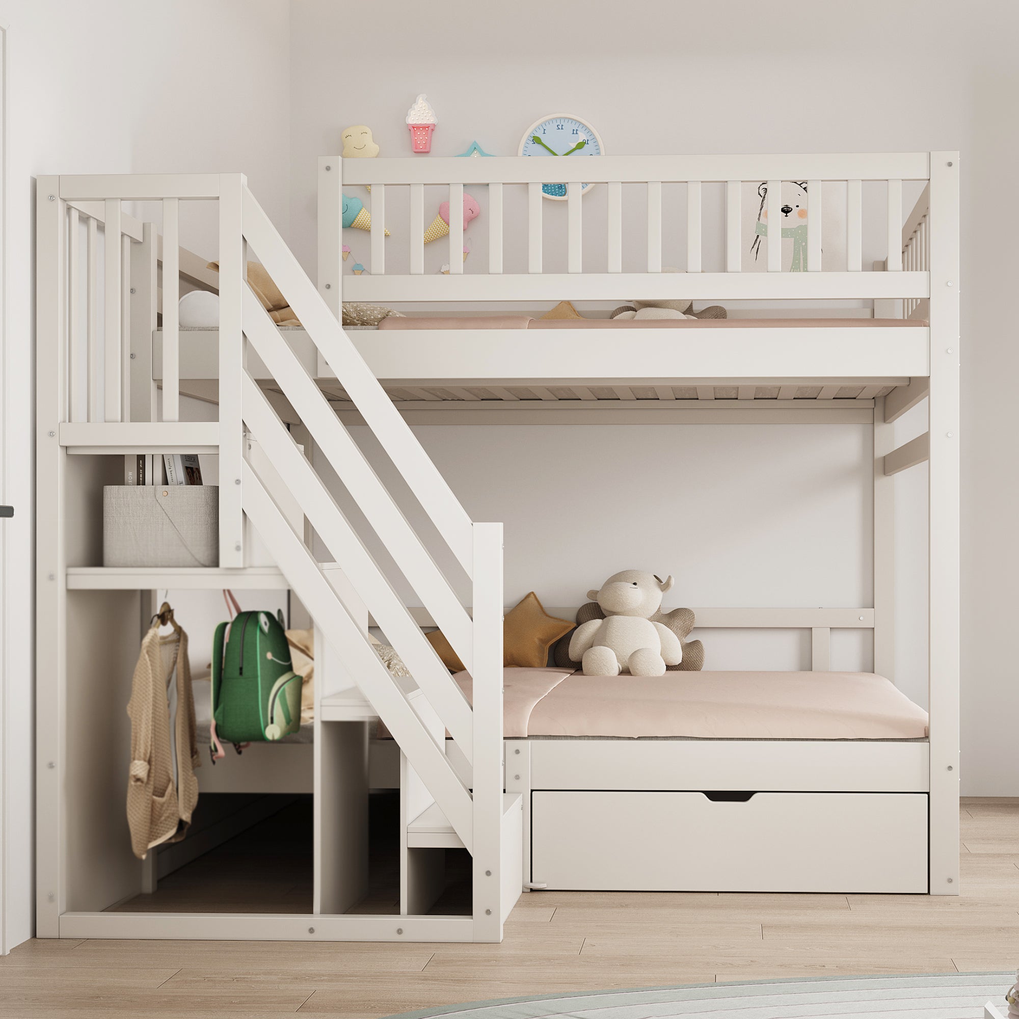 Letti a castello 2 x 140 x 200 cm con armadio aperto e 1 cassetto - Pino + compensato + MDF - Bianco (Senza materasso) - 3