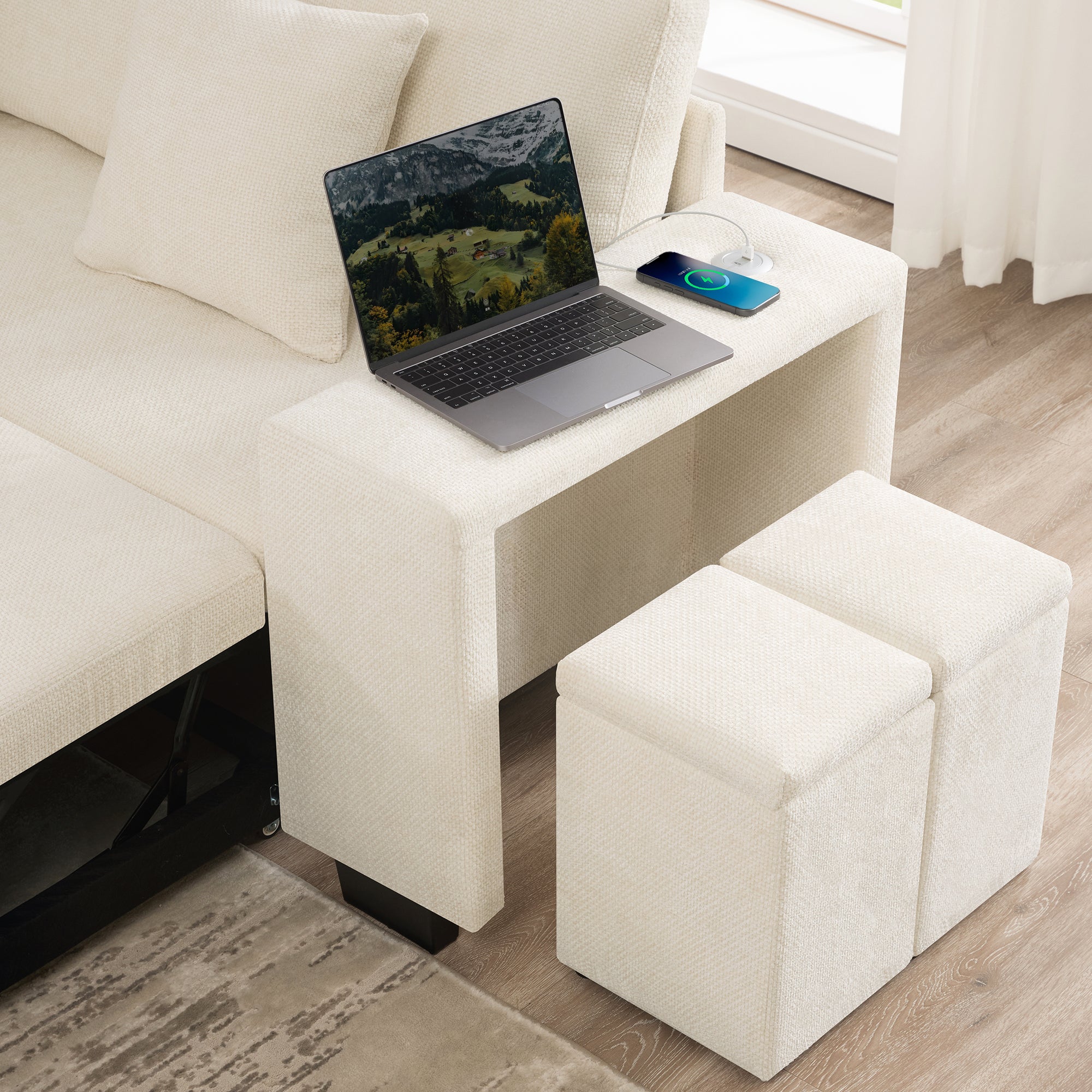 Canapé d'angle modulable 5-7 places avec pouf et rangement - 220 x 205 x 86,5 cm - Chenille - ports USB et USB-C - méridienne réversible - Beige - 7