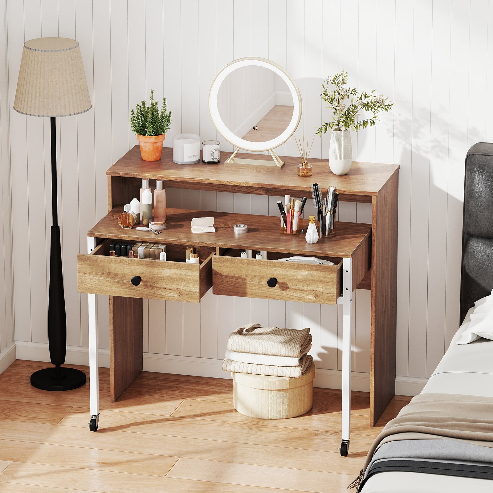 Bureau Extensible Mobile, Table d'Ordinateur Gain de Place avec Tiroirs, Bureau Console en Bois Compacte avec Roulettes pour Salon, Chambre, Naturel - 3