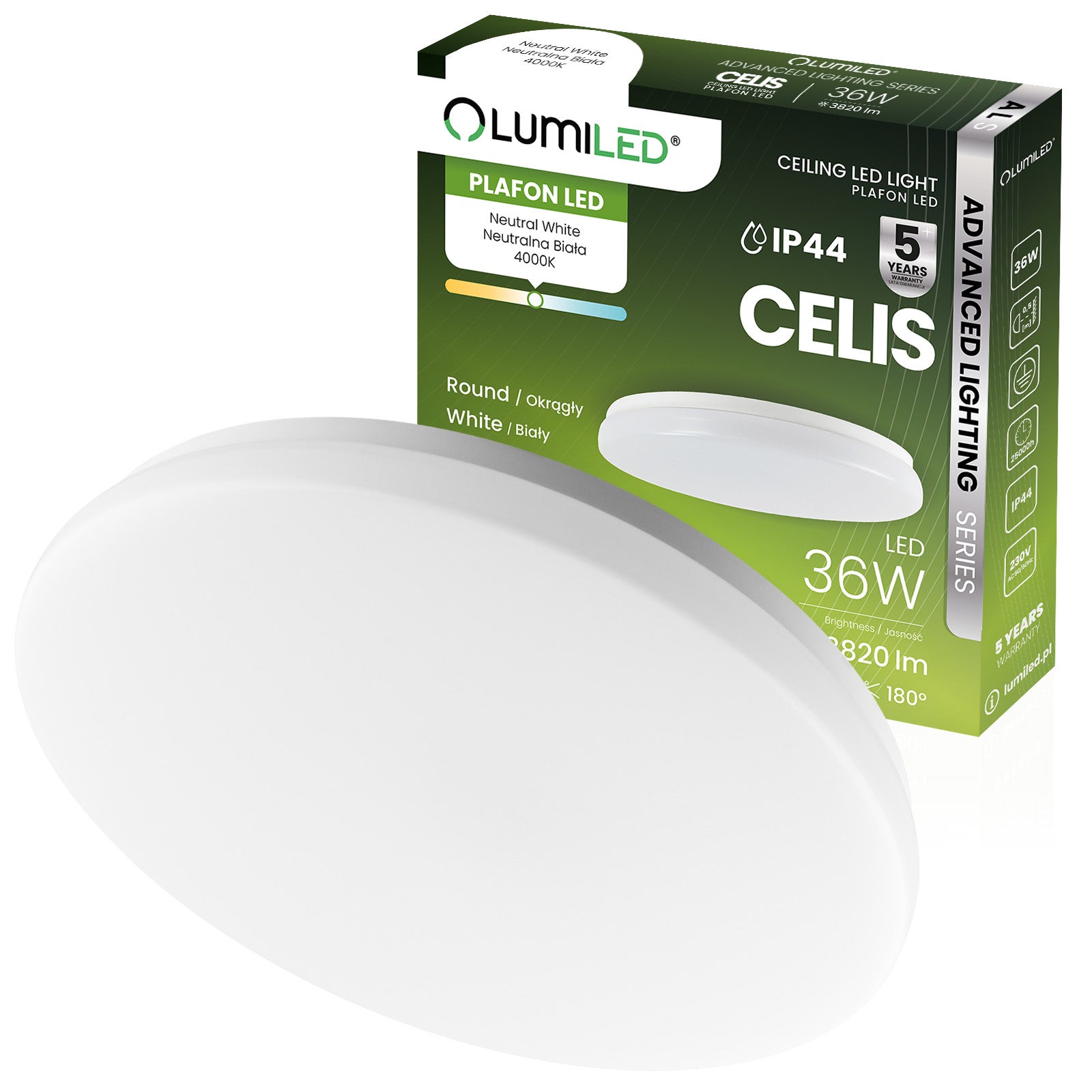 Plafon LED Lumiled Lampa Sufitowa Natynkowa 36W 4000K Neutralna biel Okrągły IP44 1 szt.