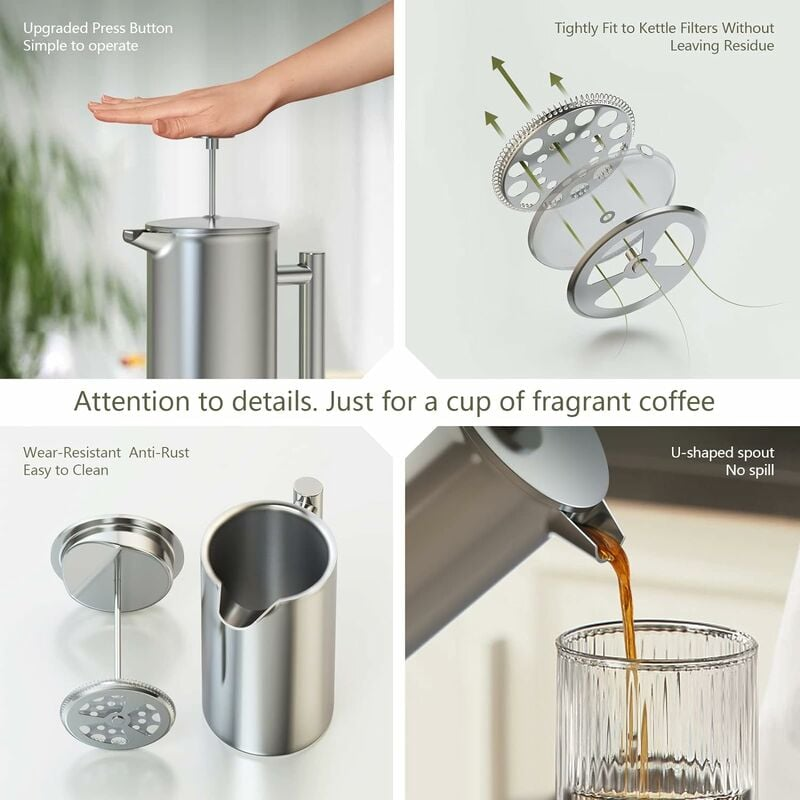 1L stal nierdzewna French Press Coffee Maker, French Press z potrójnym filtrem, French Press z funkcją podtrzymywania ciepła i stalowym tłokiem - 3