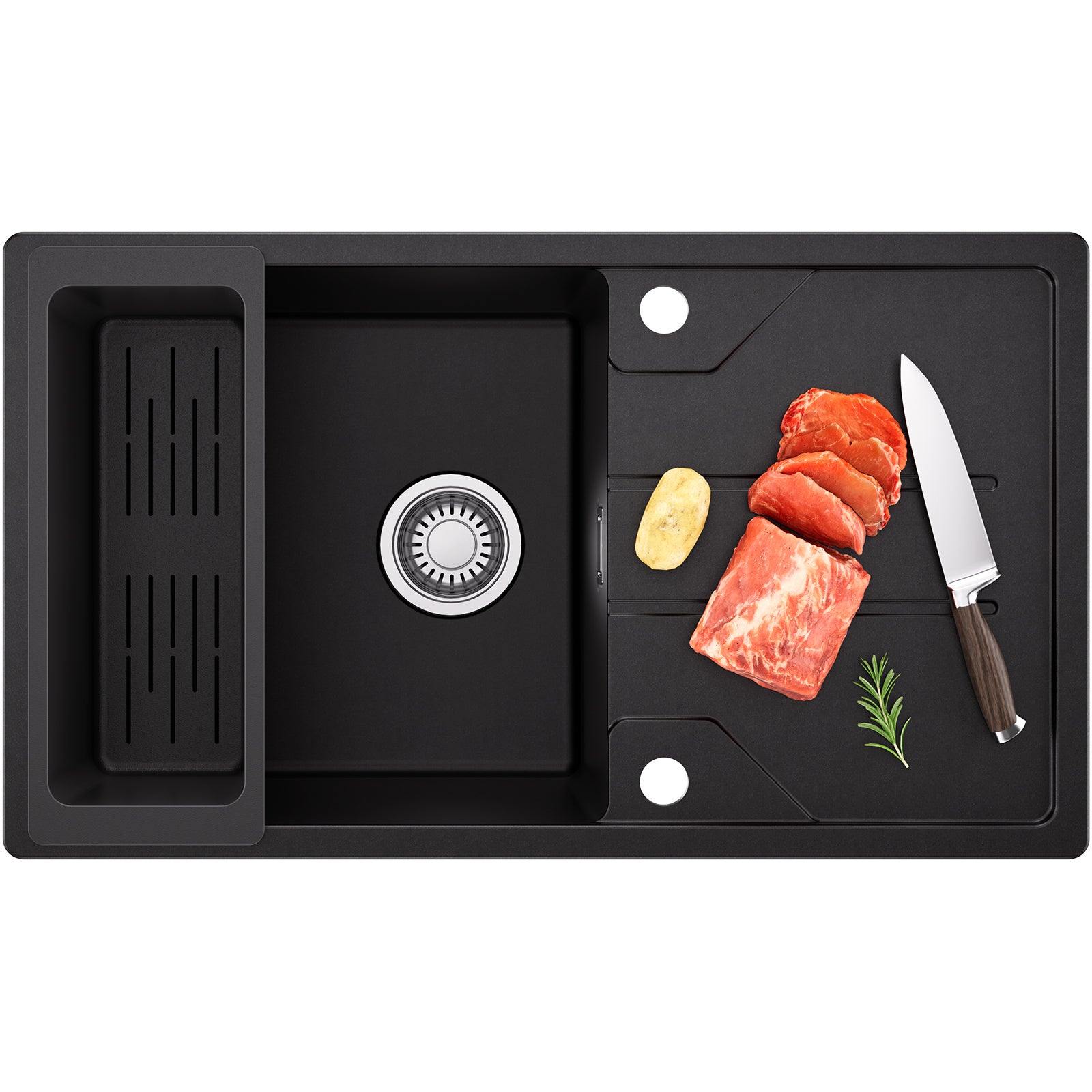 Évier de Cuisine en Granit Noir 78 x 45 cm, Évier 1 Bac, Évier à Encastrer avec Panier de Drainage, étagère, Quartz et Résine - 2