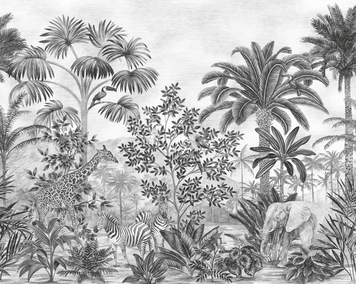 Papier peint panoramique une jungle avec des animaux noir et blanc