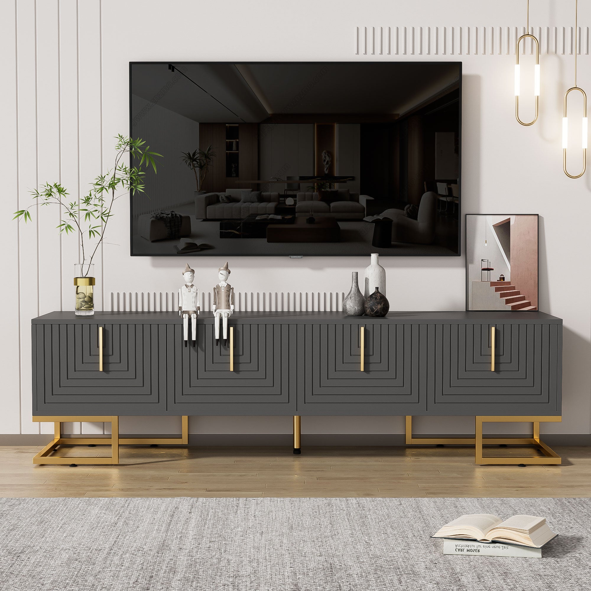 Meuble Bas TV Vintage 175x38x55.5 Cm - 2 Tiroirs, 4 Portes En Vannerie - Blanc Avec Poignées Dorées - Pour Téléviseur 70 à 79 Pouces - 3