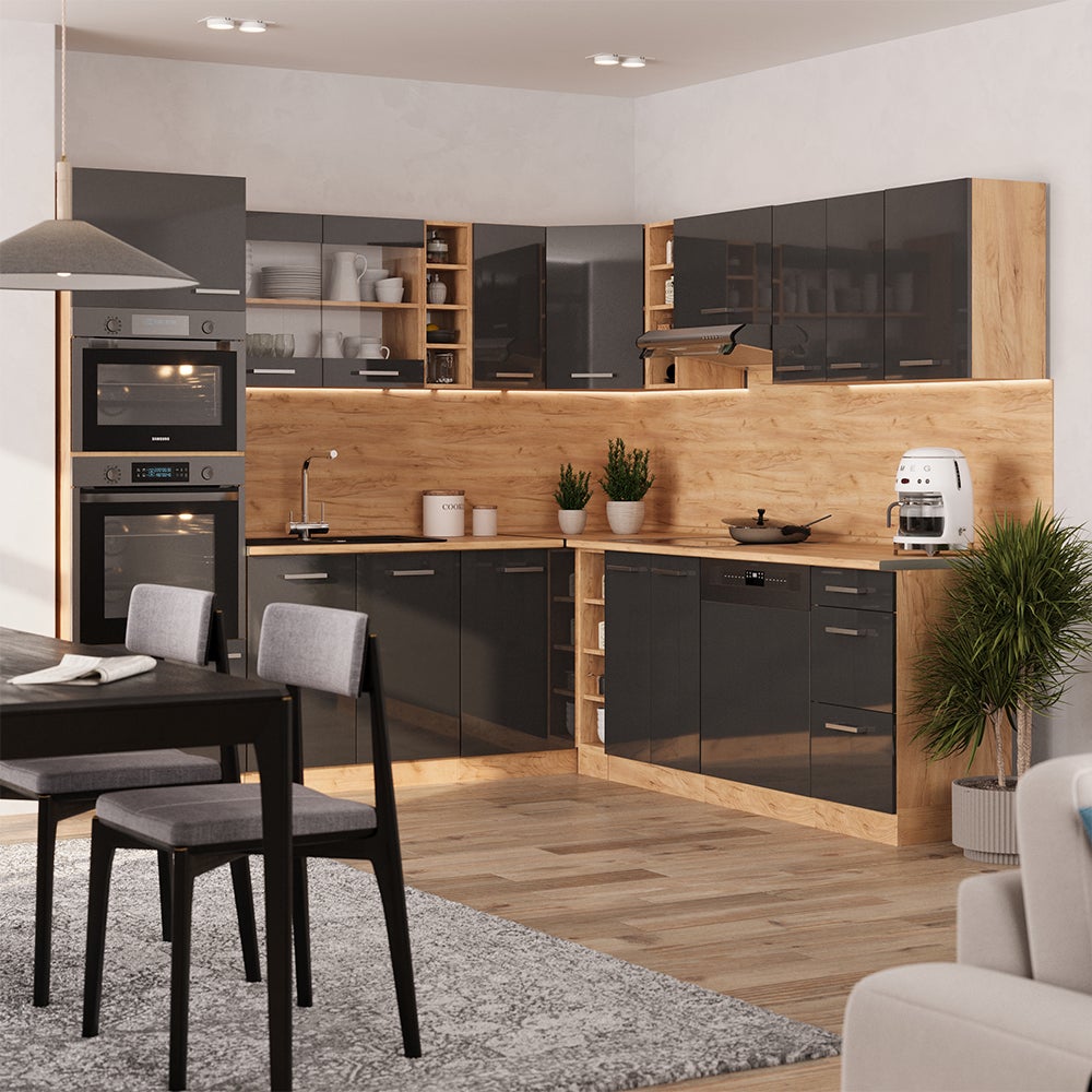 Vicco Cuisine en angle R-Line, Anthracite Haute brillance/Chêne de force doré, 247 x 237 cm, PT Chêne - 5