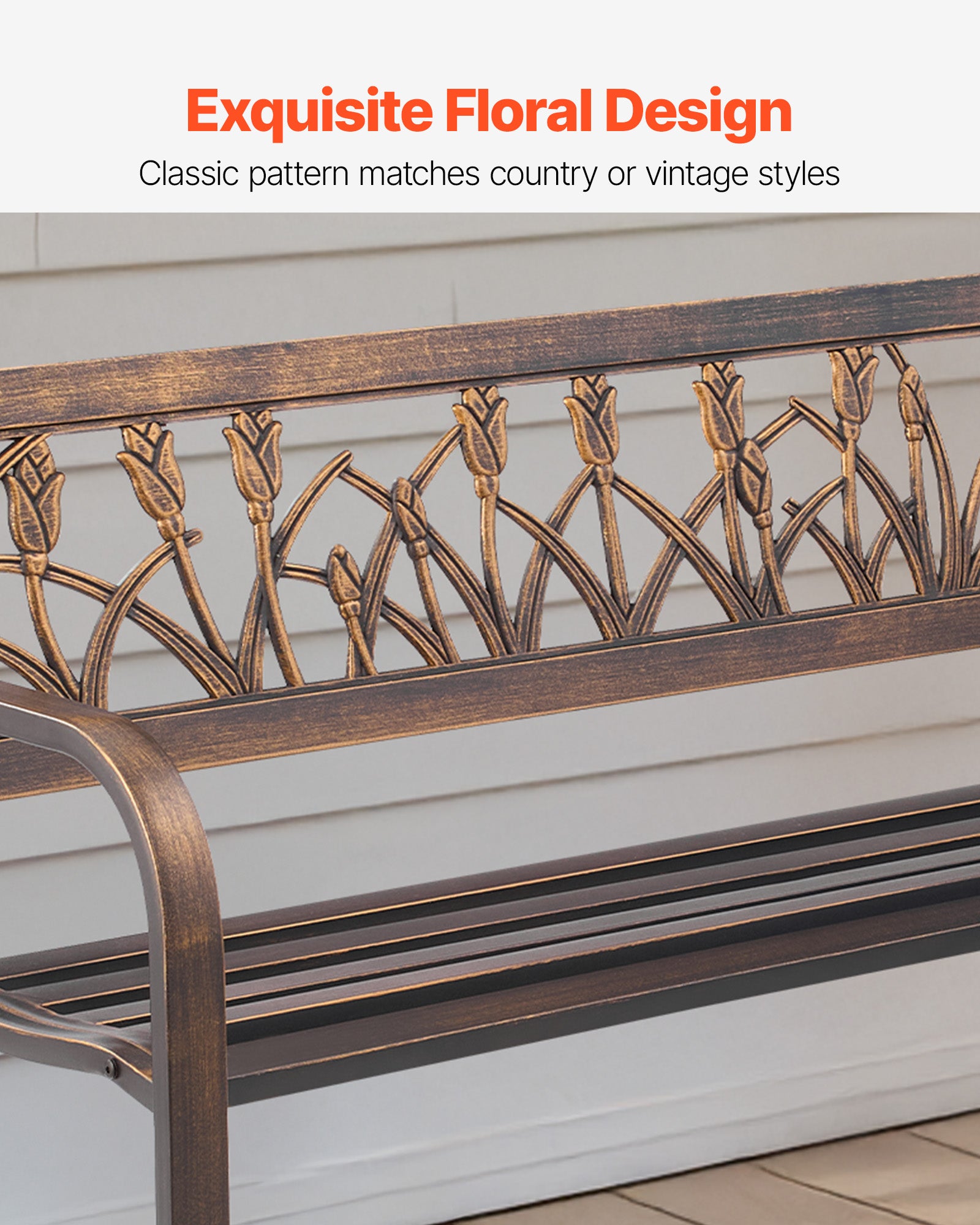 Banc de jardin,VEVOR 127 cm,en acier carbone avec dossier en PVC à motif floral et accoudoirs à bords arrondis,pour terrasse,parc,bronze antique - 3