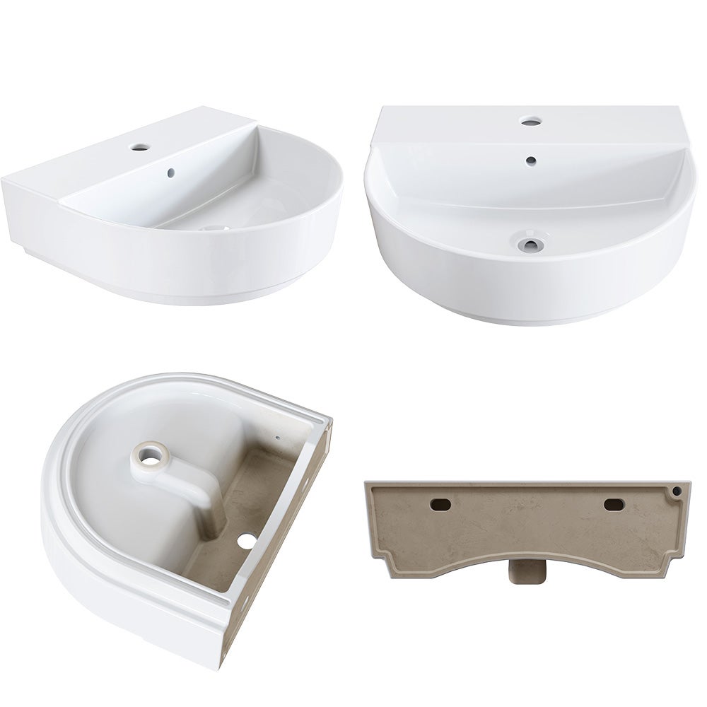 HOROW Lavabo semi-circulaire en céramique, à fixer au mur ou à poser, avec trop-plein et trou pour robinetterie, 50 x 44 cm - 6