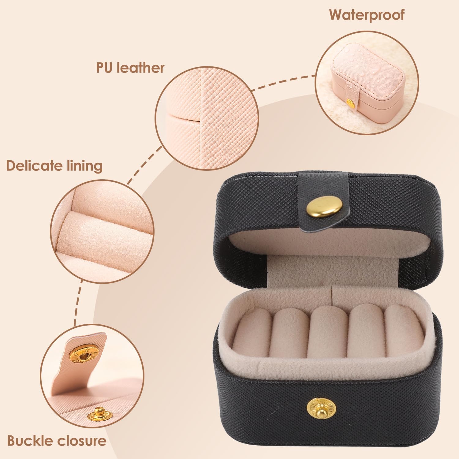 Boîte à Bagues, 6.5 x 3.9 x 4.7 cm Mini Boîte en Cuir Pu de Rangement pour Bagues, Noir Petite Boîte de Rangement Portable, Boucles D'oreilles - 3