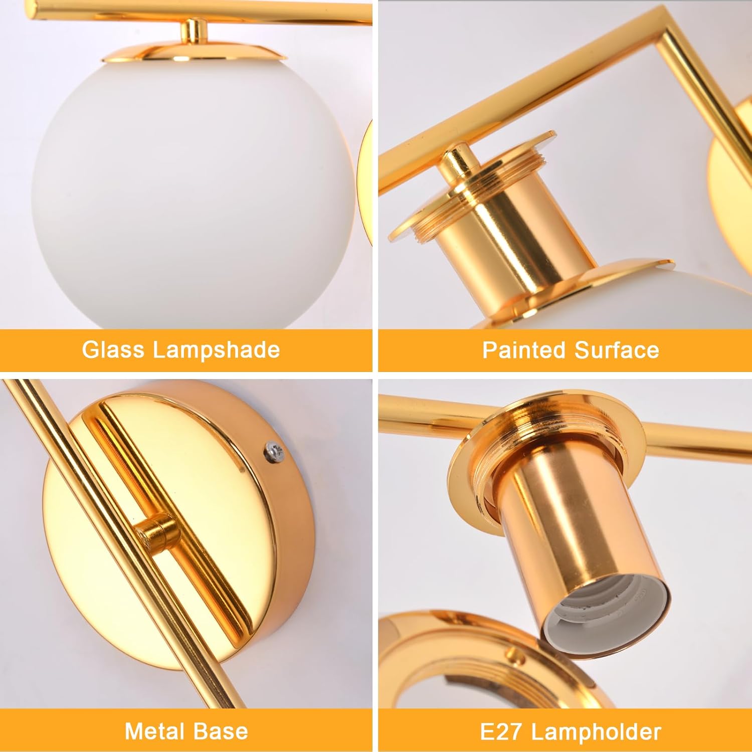 Applique Murale Intérieure, E27 Lampe Murale Moderne avec Abat-jour en Verre, Art Déco Applique Doré Vintage pour Chambre Salon Cuisine Couloir - 4
