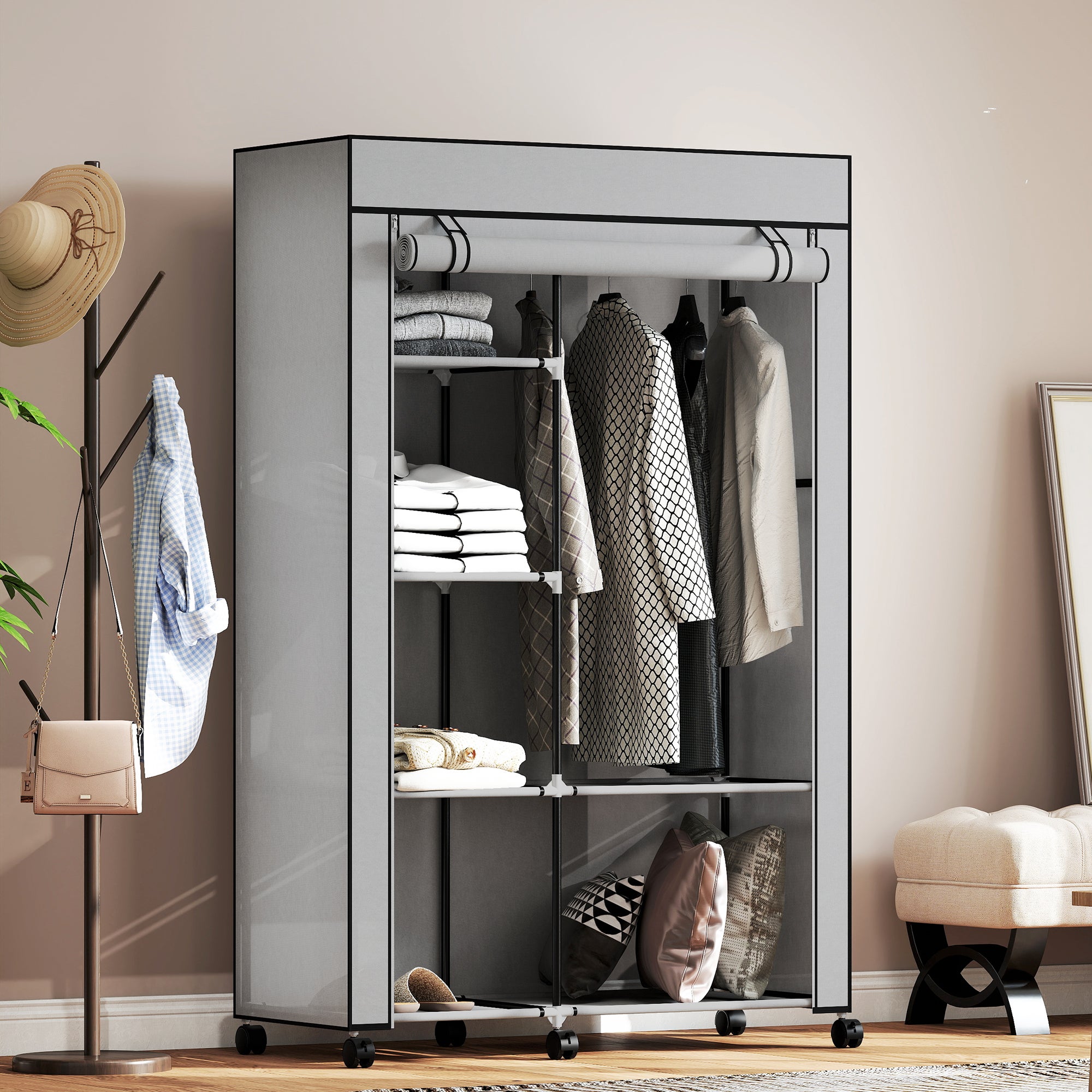 Armoire penderie en tissu meuble de rangement 6 roulettes tringle à vêtements et étagères ouvertes 103x43x162,5cm gris - 9