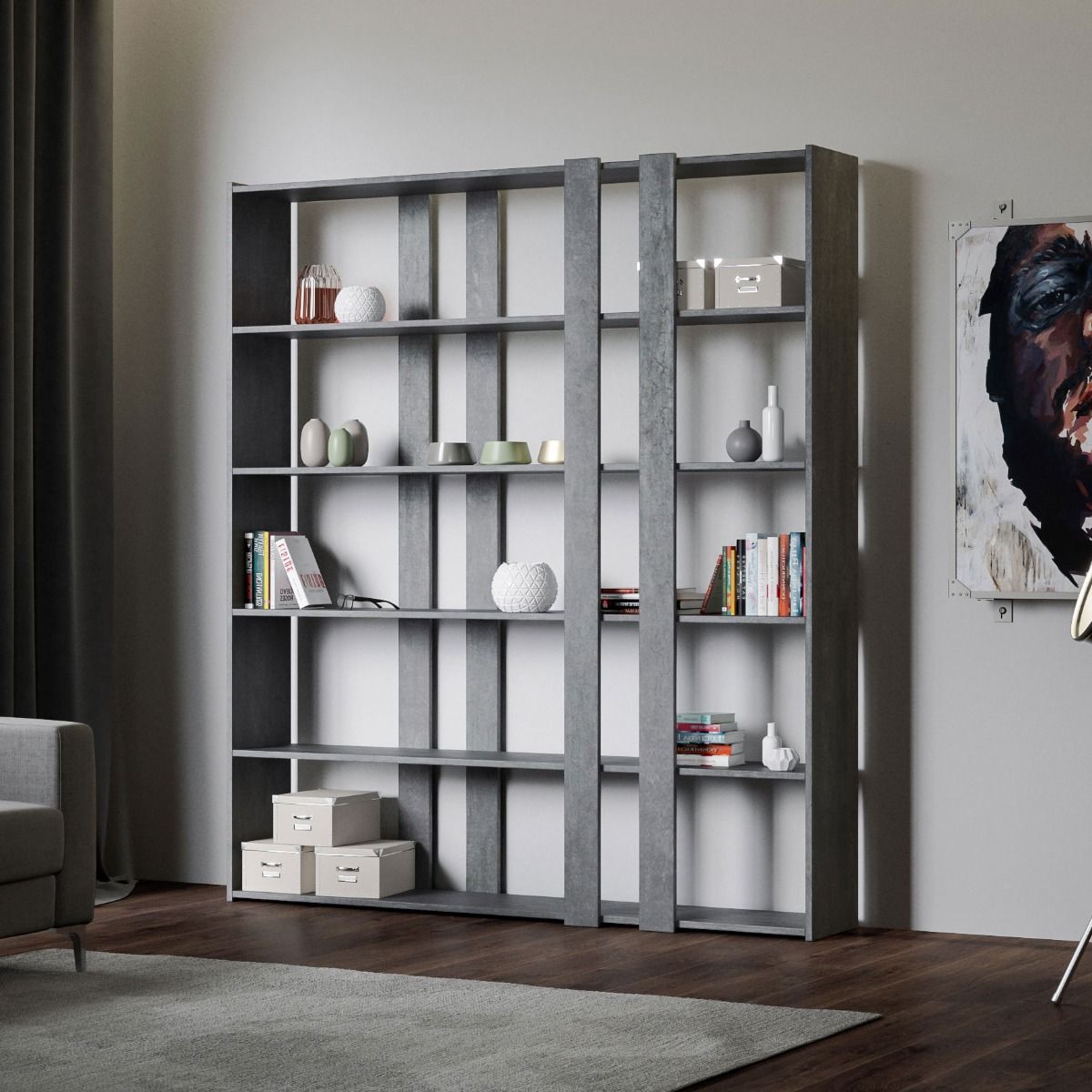 Libreria Alta A 5 Ripiani In Acciaio, Grigio Righe, Ripiani Regolabili Fino A 45kg Cad., Per Camera Da Letto E Ufficio