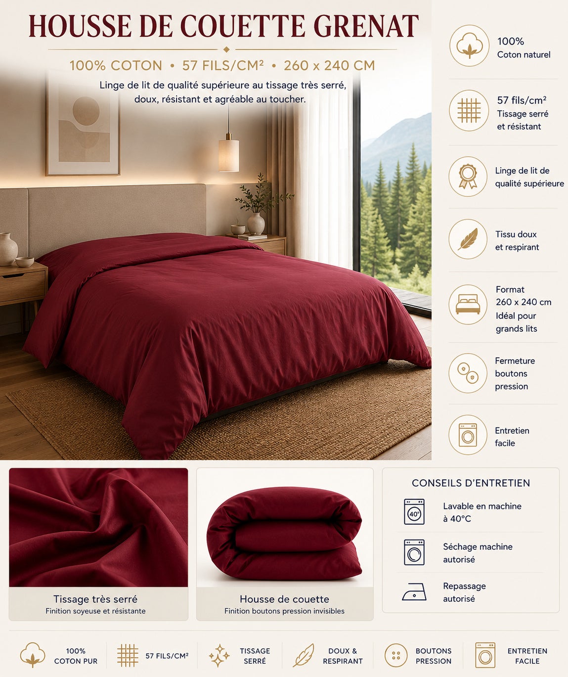 Housse de Couette 260 x 240 cm – 100% Coton 57 Fils/cm² – Grenat - 2