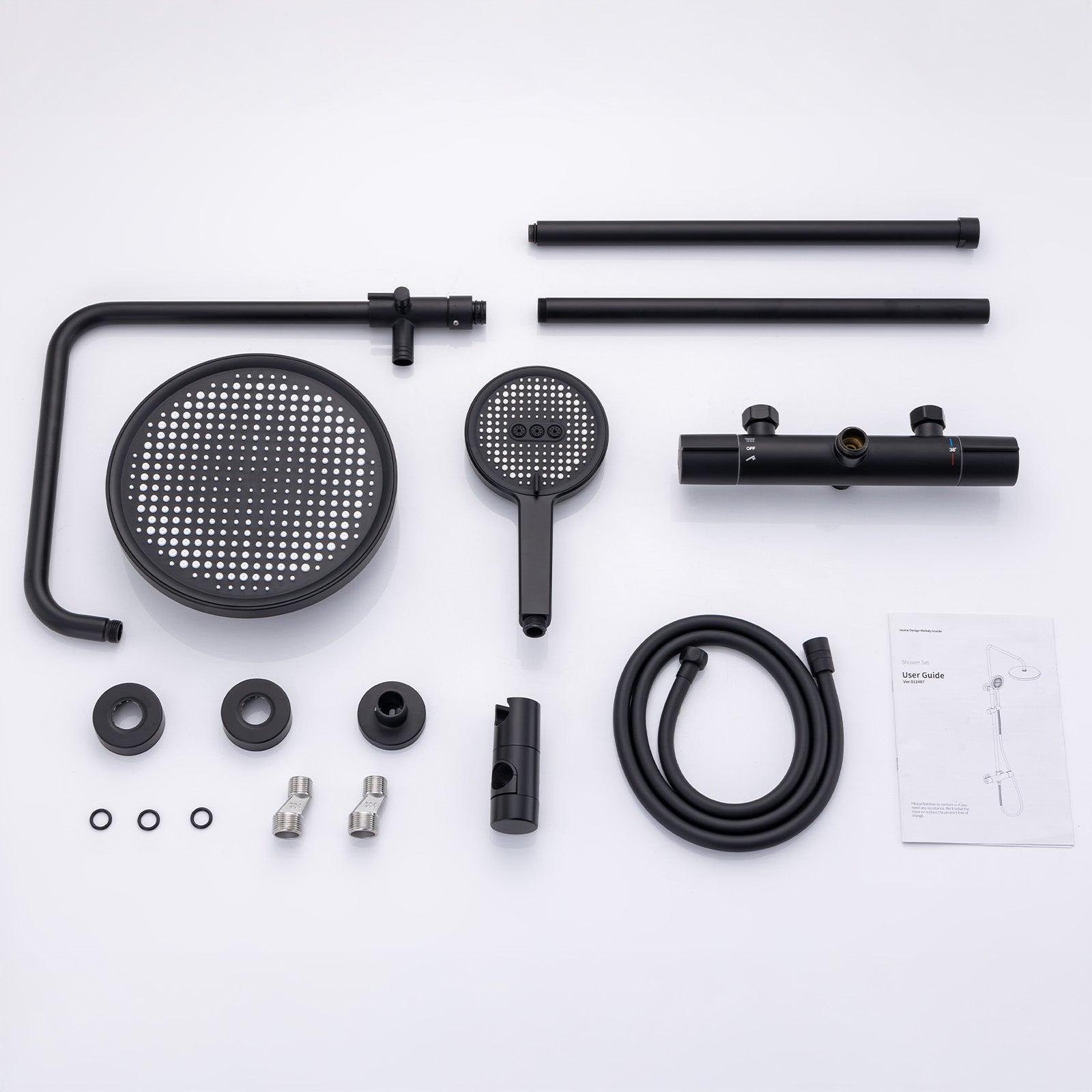 Colonne de Douche Thermostatique, Ensemble de Douche Hauteur Réglable sans Percement Supplémentaire Noir avec Douchette 3 Jets, Mitigeur en Laiton - 9