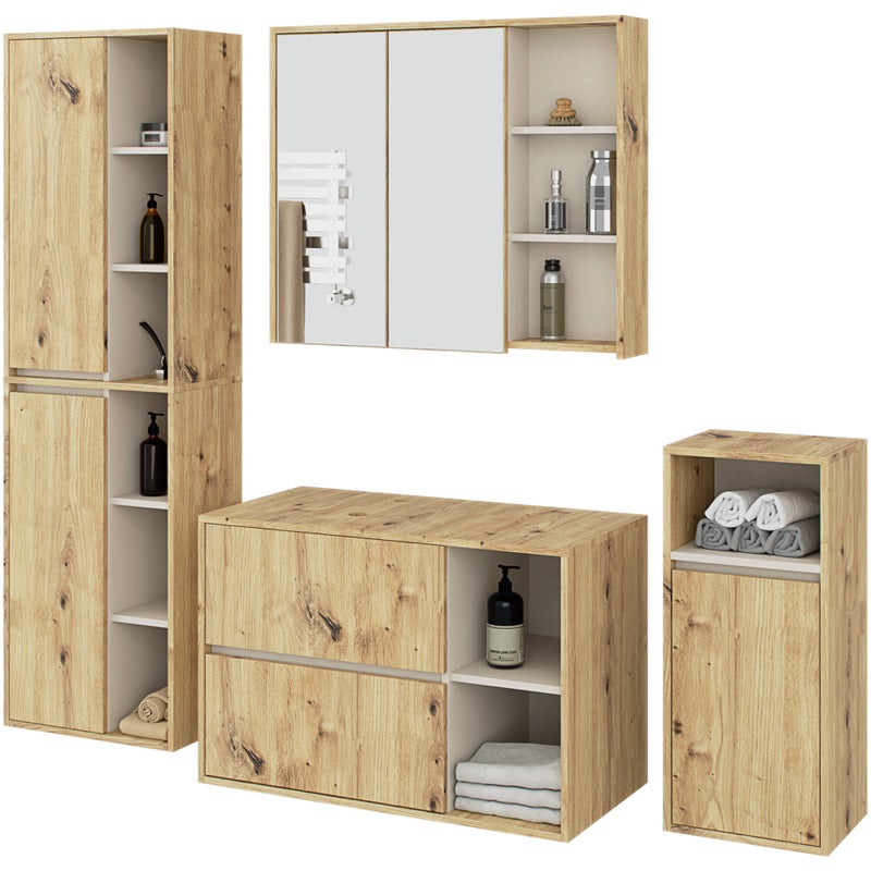 Zestaw mebli łazienkowych wiszących z otworami AKORD VAMI Dąb Artisan, Kaszmir 5 drzwi 21 półek 2 szuflady