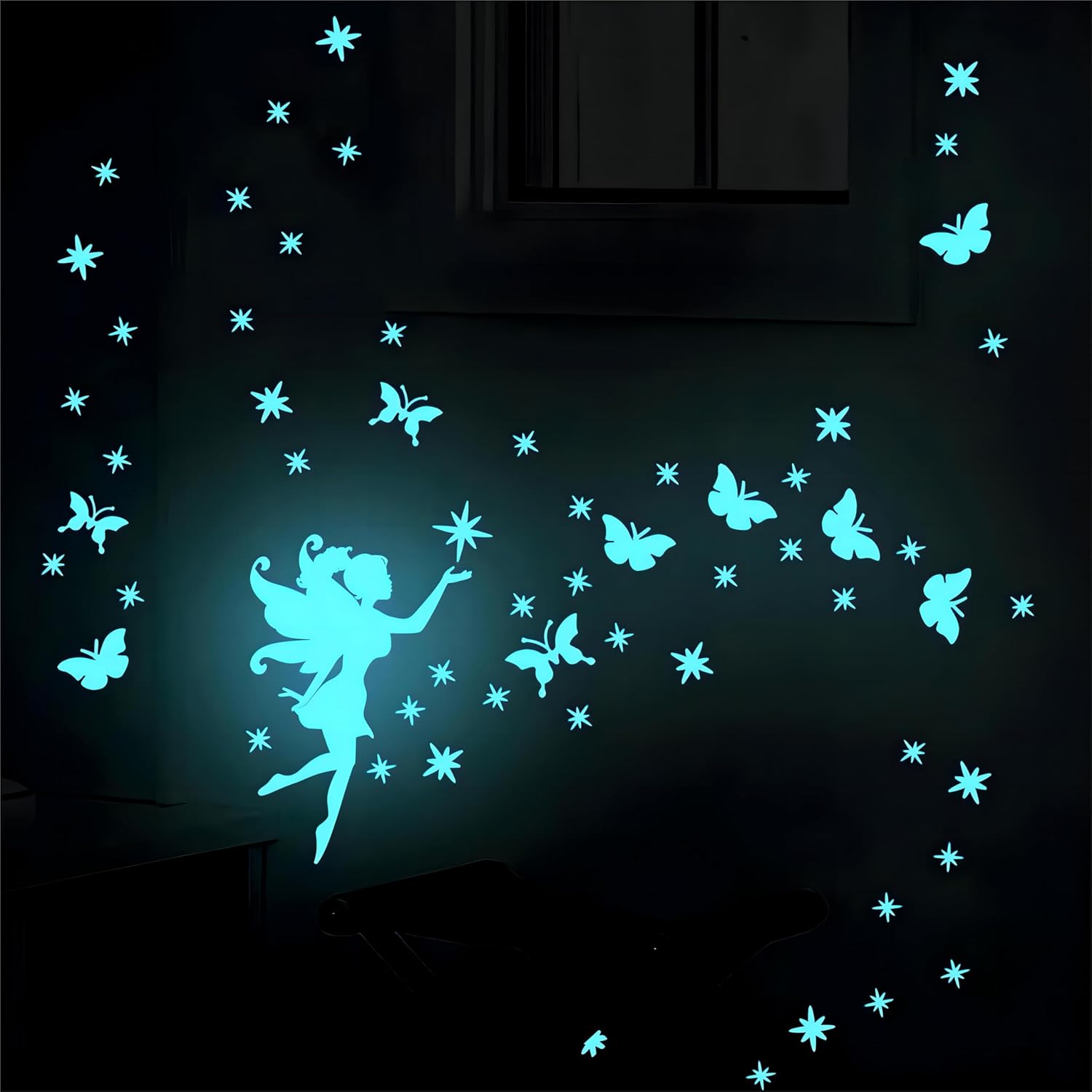 Świecące w ciemności naklejki z wróżkami i gwiazdkami, fluorescencyjne naklejki sufitowe do pokoju dziecięcego, lustro - Fairy-Blue