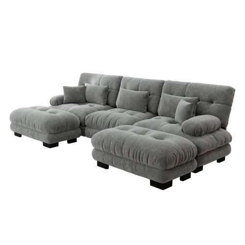 Canapé d'angle, canapé en U pour salon à 3 place avec pouf amovible, en tissu, gris - 7