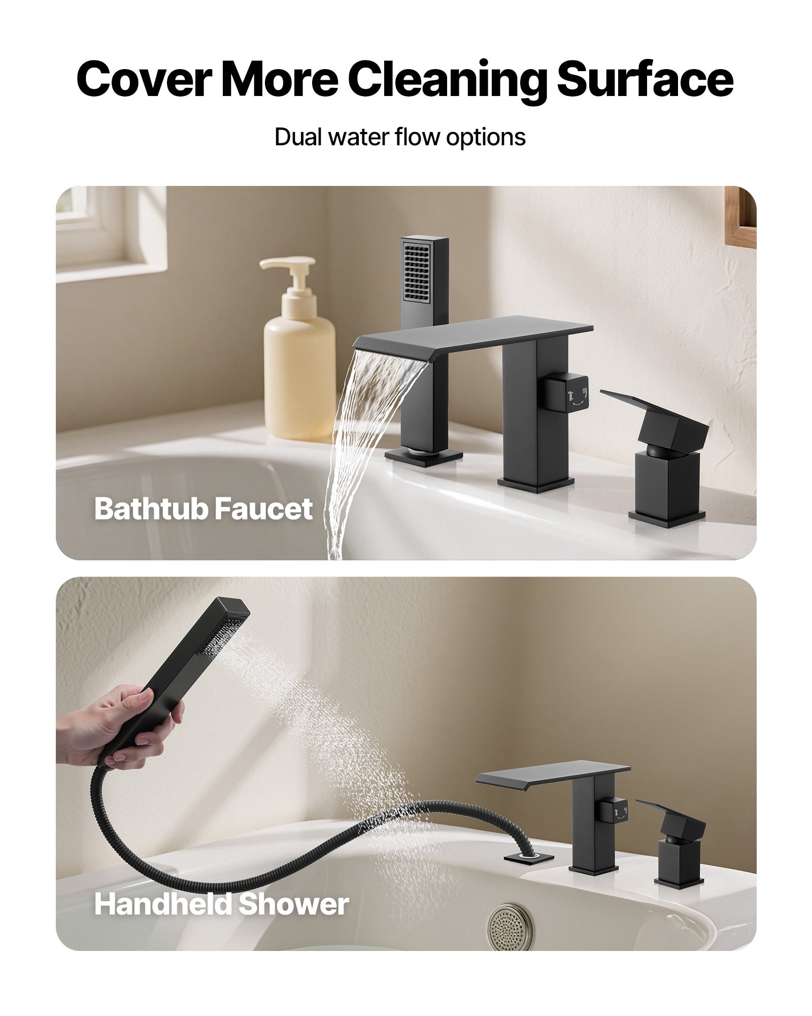 Mitigeur Baignoire Romaine VEVOR, 3 Trous, Cascade, avec Pommeau Douche et Une Poignée, Options de Double Débit d'Eau, pour Salle de Bains, Noir Mat - 6