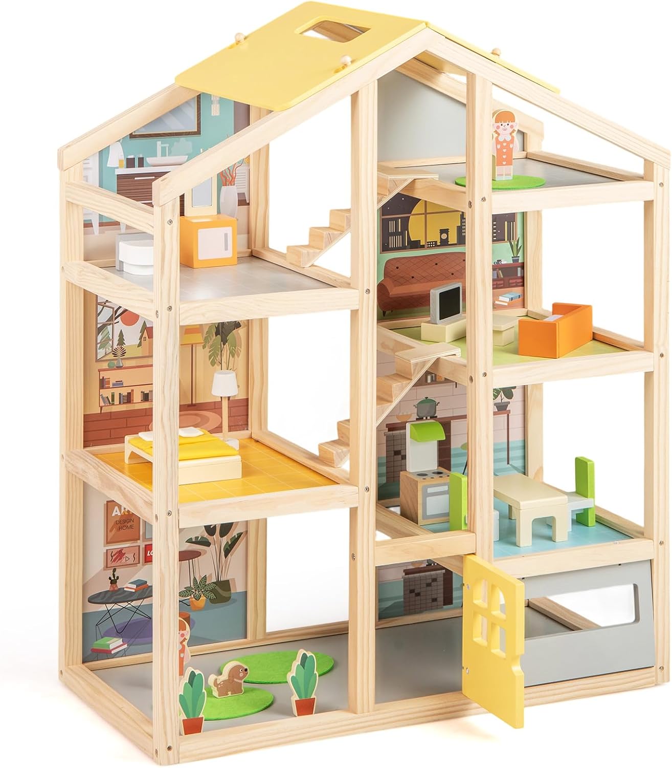 Drewniany Domek dla Lalek, Wymarzony Dom z 7 Pokojami, 18 Akcesoriami, 2 Figurkami i 1 Psem, Zabawka Odgrywanie Ról dla Dzieci Powyżej 3 Lat