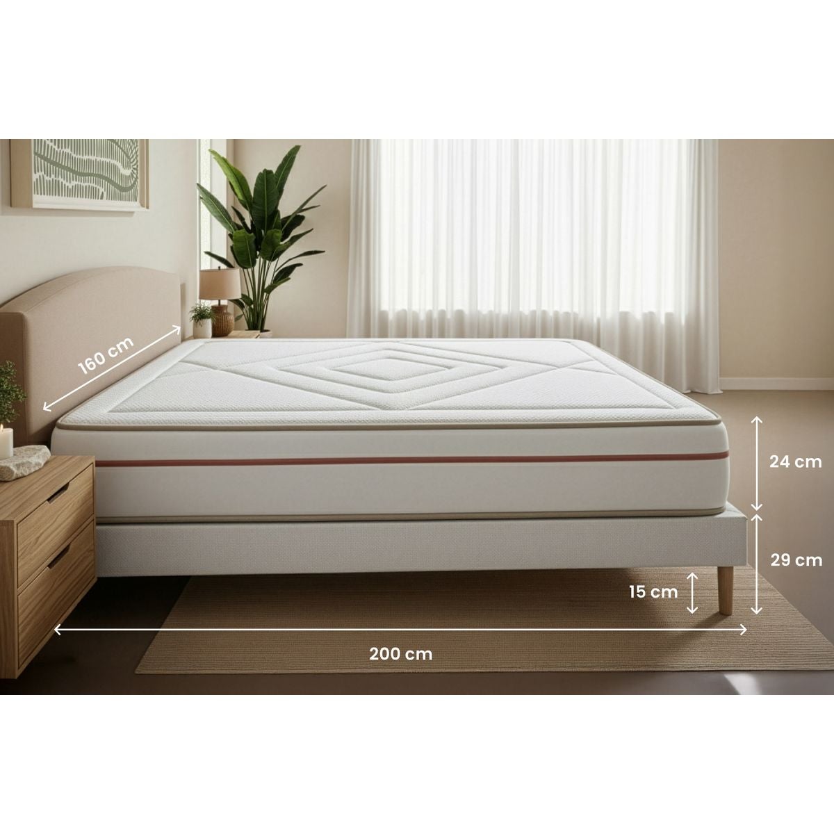 Matelas 160 x 200 cm Le Paisible - Mémoire de forme - Ep : 24 cm - sommier Beige avec 2 oreillers et couette - 5