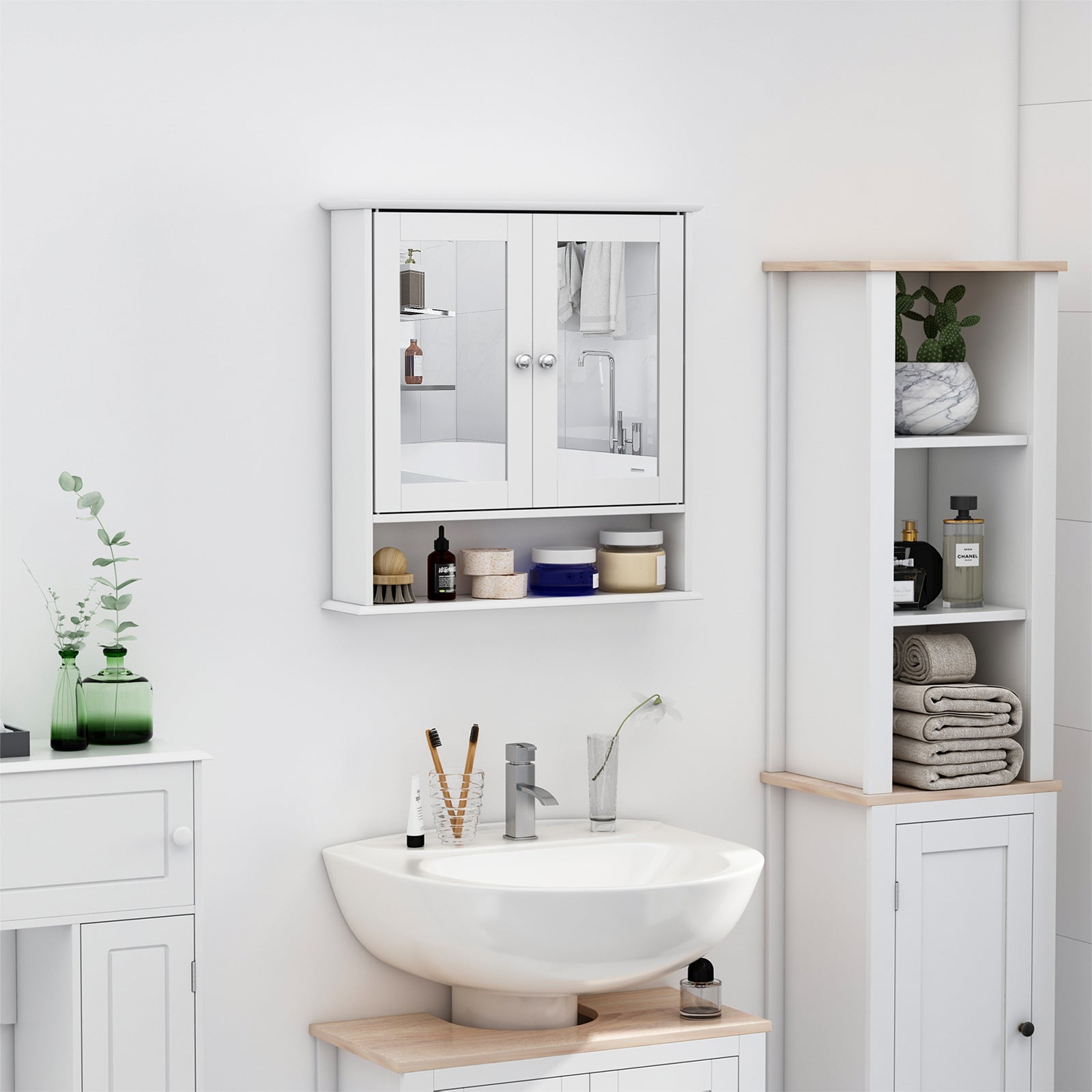 Armoire de salle de bain murale avec miroir, porte, organiseur et étagères de rangement,meuble de salle de bain, blanc - 7