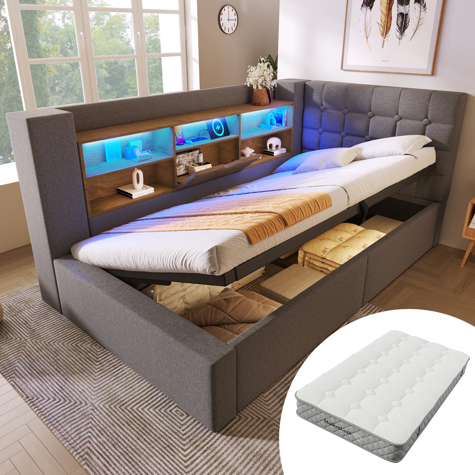 Łóżko 90 x 200 cm z pojemnikiem na pościel, zagłówkiem i 6 przegródkami – tkanina lniana – diody LED i porty USB – kolor szary (materac w zestawie)